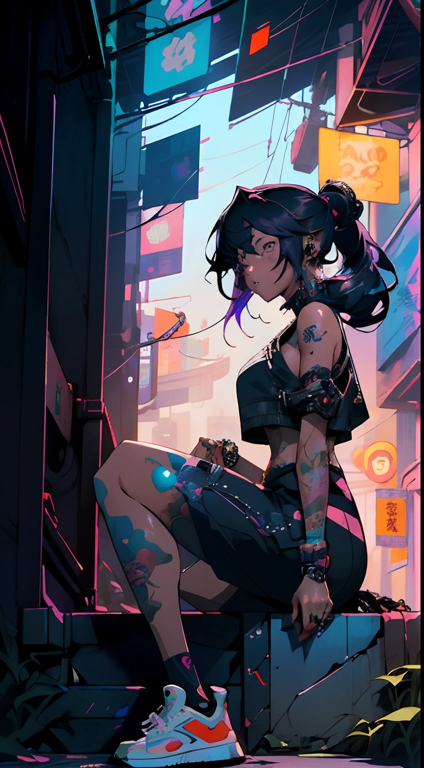 girl with tattoos sitting on steps looking at camera, cyberpunk art inspired by rossdraws, pixiv contest winner, gothic art, anime style 4 k, artwork in the style of guweiz, anime style. 8k, anime styled, anime styled digital art, cyberpunk anime girl, anime style artwork, anime style illustration, anime art wallpaper 4k