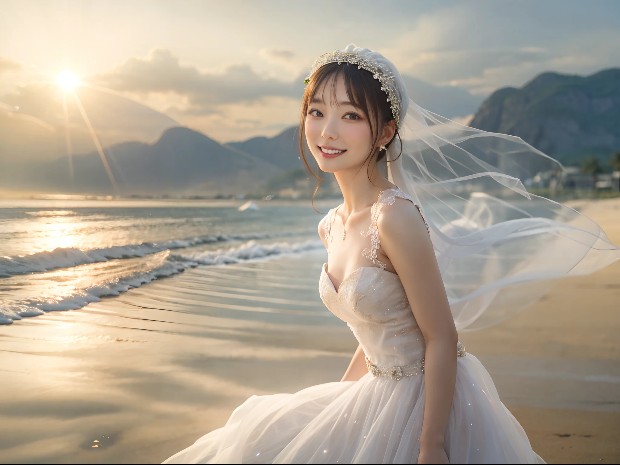 full body Esbian、((lensflare))、((Constricted waist circumference))、((Smiling)),((((27yo)))),(((Smaller bust))))、(((Colorful Wedding Dresses)))、(((Muscle feeling)))、(((photorealisim:6, realisitic)))、shorth hair、pale-skinned、looking at the viewers、the beach、coastline、the wind、vague、 8K UHD、Digital SLR、softlighting、hightquality、top-quality、超A high resolution、(Photorealsitic:1.4)、beautiful smiling face, Beautiful detailed sky, 电影灯光, depth of fields, Lens flare light、(A smile:1.15)、(Mouth closed)tiny chest、beautiful finely detailed eyes、Floating hair Nova frog style