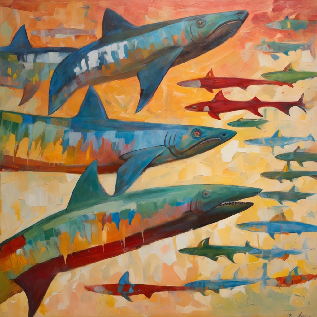 Detalhes intrincados da pintura das  apresenta Nesta imagem, we see a Shark in its entirety, from the tip of the tail to the end of the dorsal fin. We can see how the Shark is composed of various parts and sections of the body, each with a unique and distinct pattern. The position of the Shark in the image is horizontal, providing a better exposure of the animal's body. The head of the Shark is clearly visible in the image, assim como todas as outras partes do corpo. The background of the image is composed of a natural scenery that refers to the waters where the Shark hab, por Range Murata, galaxy in background, nuvem, Cores vivas, alto contraste, montanha, arte da linha vetorial, Destaques Laranja, trending on pixiv, Anime Concept Art, Stick, Tapete, alta qualidade, Borda a Borda, Sanskrit