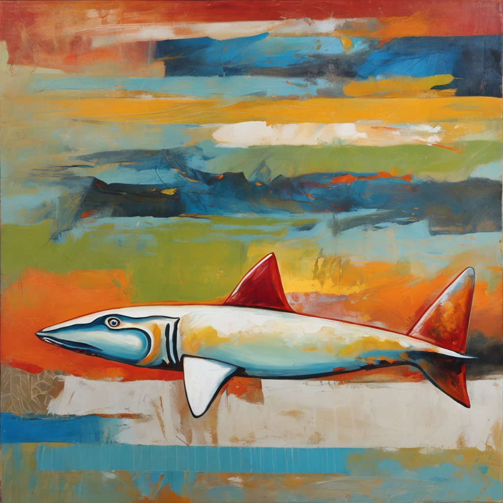 Detalhes intrincados da pintura das apresenta Nesta imagem, we see a Shark in its entirety, from the tip of the tail to the end of the dorsal fin. We can see how the Shark is composed of various parts and sections of the body, each with a unique and distinct pattern. The position of the Shark in the image is horizontal, providing a better exposure of the animal's body. The head of the Shark is clearly visible in the image, assim como todas as outras partes do corpo. The background of the image is composed of a natural scenery that refers to the waters where the Shark hab, por Range Murata, galaxy in background, nuvem, Cores vivas, alto contraste, montanha, arte da linha vetorial, Destaques Laranja, trending on pixiv, Anime Concept Art, Stick, Tapete, alta qualidade, Borda a Borda, Sanskrit