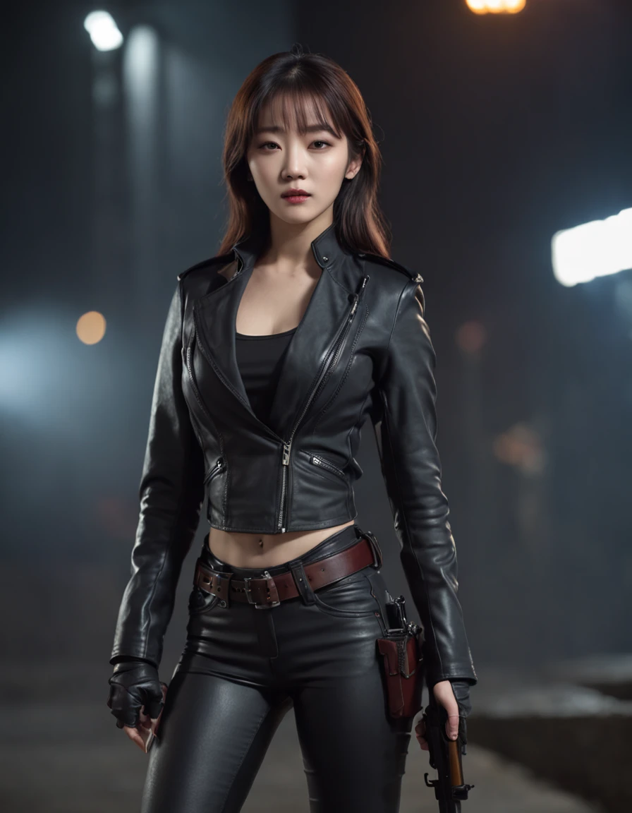 Korean singer Kang seul-gi at the current age, as a spy, very straight hair with bangs, intimidating look, full body in the scene, wielding two pistols in her hands, wearing tight black leather pants, pistol holster attached to her thighs, wearing short shirt in dark gray color, and on top with a short black leather jacket, clothing and poses in the style of the movie character Violett, photographic image, hyper realistic images with micro details, realistic lighting, best quality, in the background city lit at night , dark night scenery, 8K image.
