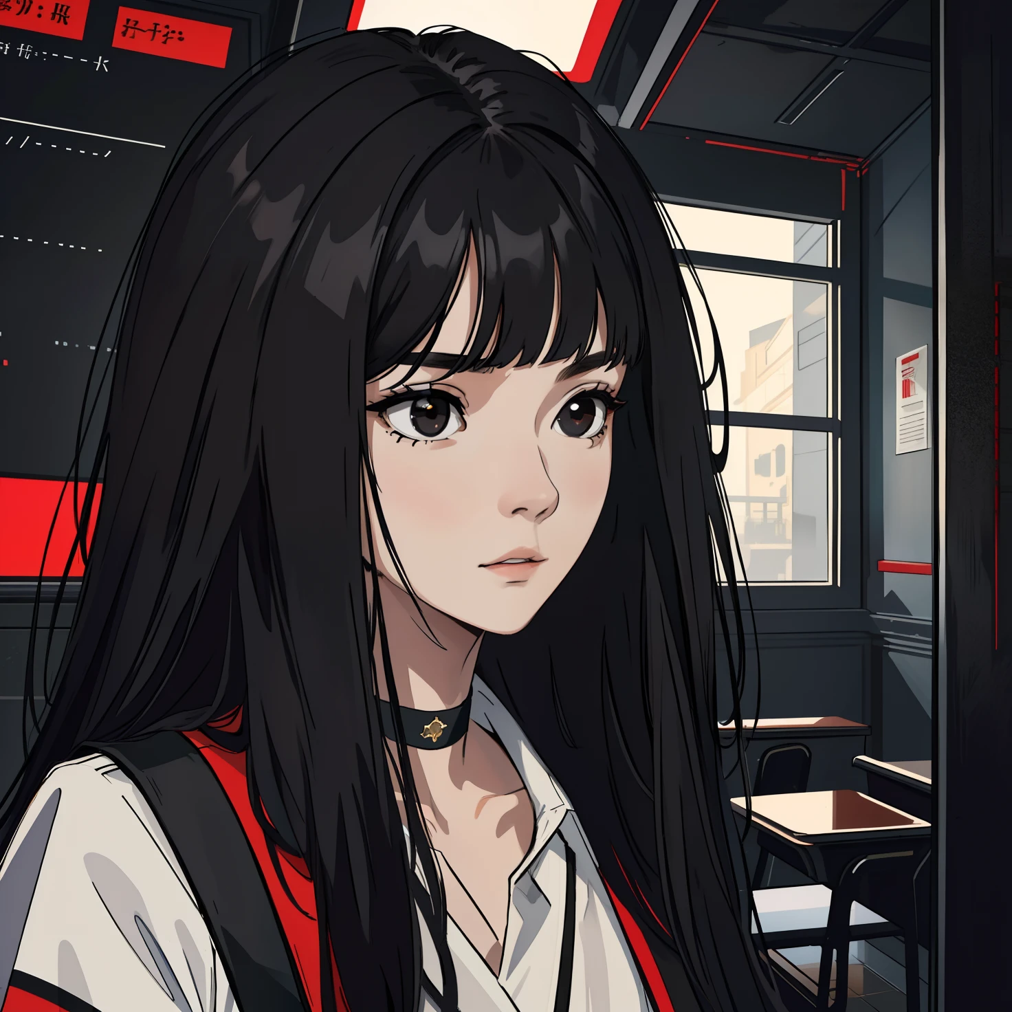 (master piece, best quality), intricate details, 8k, season art, wallpaper, Official Art, splash art, sharp focus,
 1 girl, pale skin, long black hair with straight bangs, black eyes, neutral expression looking at the camera, with a choker around her neck and a red student shirt, Futuristic classroom in the background, futuristic classroom print, deep look