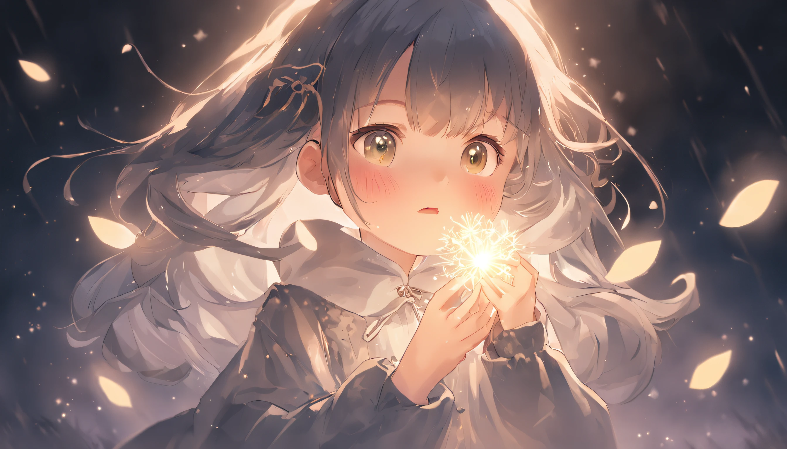 the night,Lolita style clothing,Cartoony,Chubby little girl,Hold a glowing dandelion,,Cute and cute,KIDS ILLUSTRATION,Glow effects,Dingdall effect,depth of fields,high light,Real light,Ray traching,oc rendered,Hyper-realistic,best qualtiy,8K,Works of masters,super-fine,Detailed pubic hair,Correct anatomy,sharp focus on eyes,Bokeh,Facial features are carefully depicted
