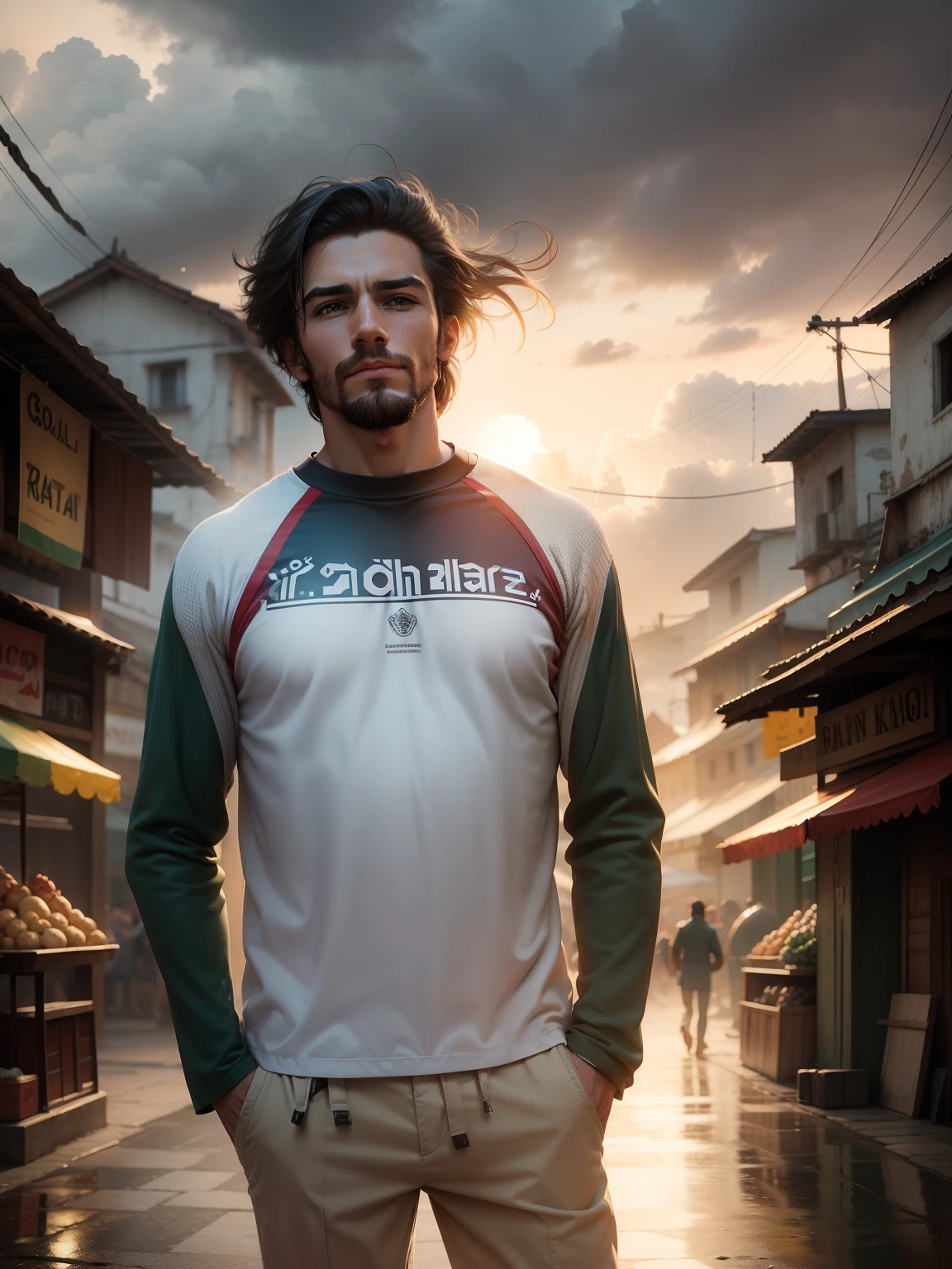 Change background, bazar, cloudy, ultra realistic, handsome