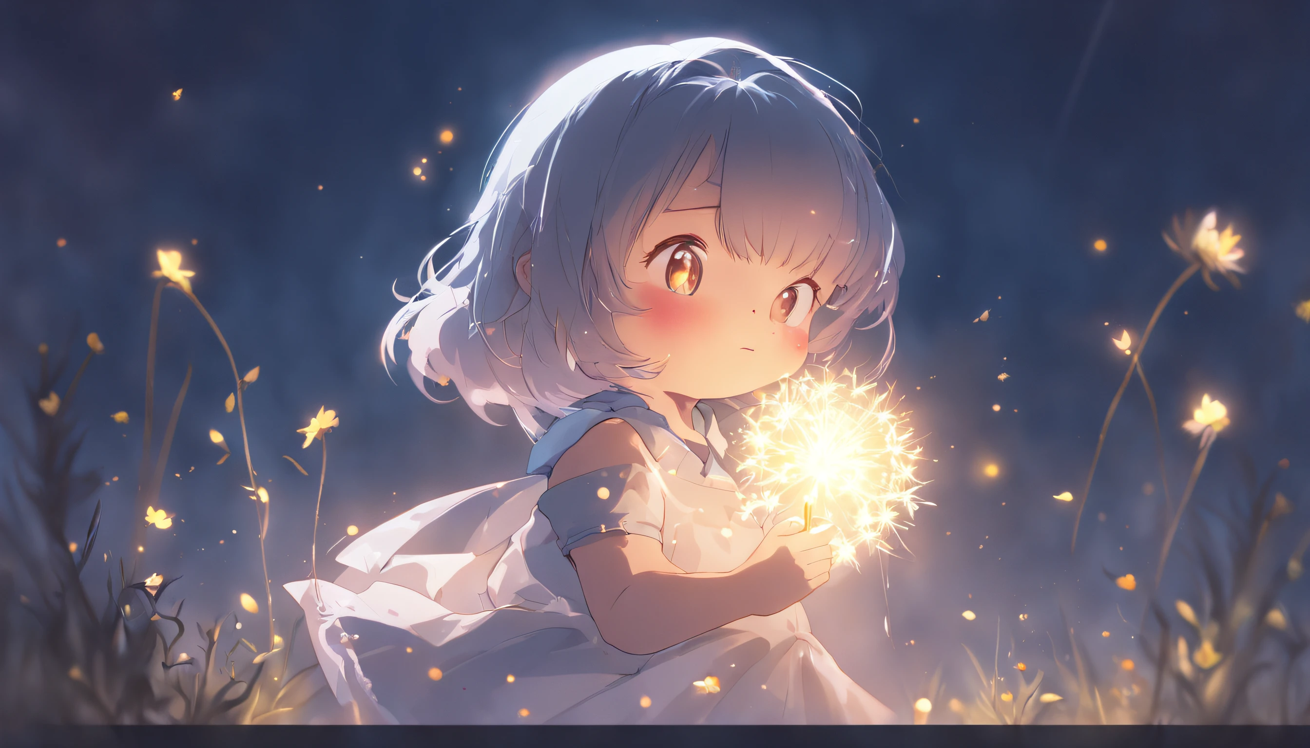 the night，Lolita style clothing，Cartoony，Chubby little girl，Hold a glowing dandelion，，Cute and cute，KIDS ILLUSTRATION，Glow effects，Dingdall effect，depth of fields，high light，Real light，Ray traching，oc rendered，Hyper-realistic，best qualtiy，8K，Works of masters，super-fine，Detailed pubic hair，Correct anatomy，sharp focus on eyes，Bokeh，Facial features are carefully depicted