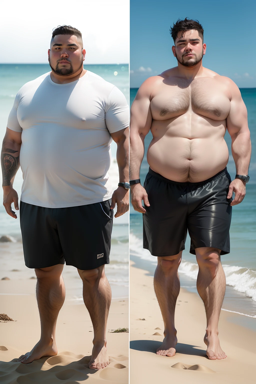 two photos one before and one after of the same man. obese man in the cold in the first photo, in the second photo he will be thin and defined and on the beach in the sun. the same man before fat and then thin