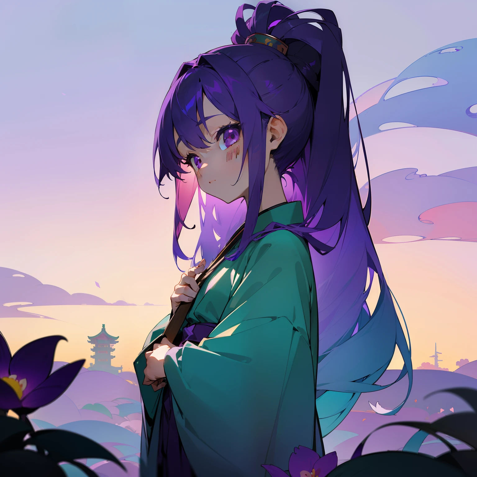 (Beautifully Aesthetic:1.2)、(1girl in:1.3)、(colourful hair、Hair like a gradient、Half purple、Half Light Purple:1.2)、natta、colourfull、Fantastical、Hagi flower、A lot of hagi flowers are blooming、Purple and jade kimono、Pensive、Looks a little lonely、Loneliness、shrines、Beautiful sunset