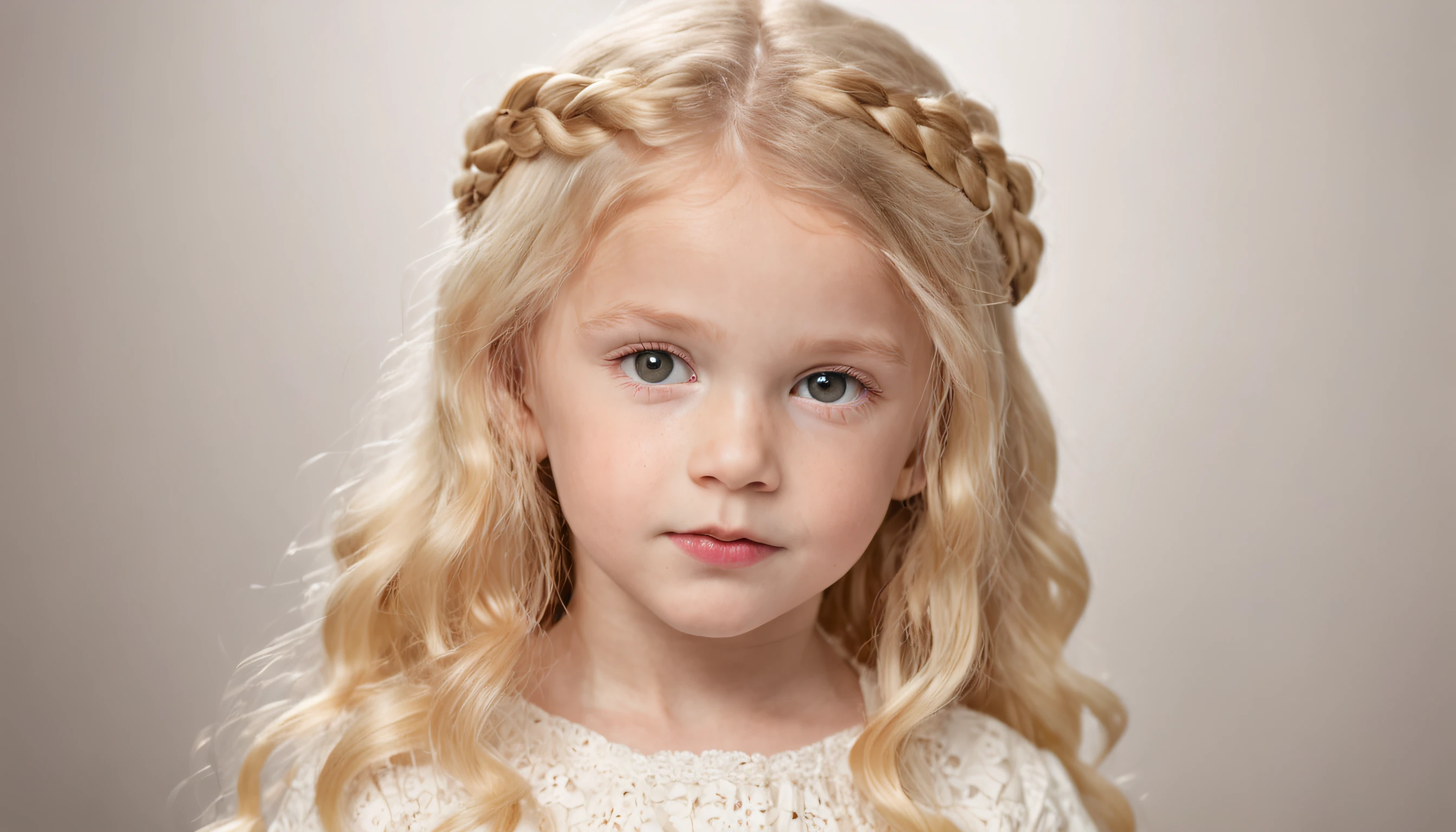 close-up CHILDREN BLONDE GIRL WITH LONG HAIR BRAIDS, em um fundo de ESPINHOS., usando um vestido prateado, vestido prateado e halo em chamas, Studio photo session, fundo branco.