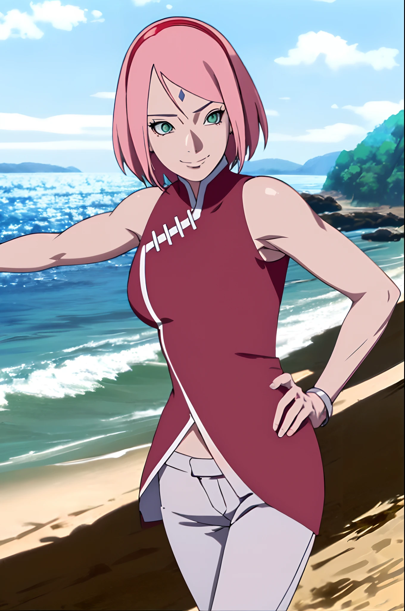 masterpiece, 1k, portrait, face shot, professional artwork, detailed beach background, intricate details, colorful, digital blending, (ultra detailed body, ultra detail hair, ultra detail face), trending on pixiv, kind smile, very hot color, best quality, anime style: 1.9, 1girl, hires, haruno sakura, contrasty lighting, (forehead mark, milf, red hairband, pale skin, short hair, ((red sleeveless dress), white pants), navel, groin, bracelet, looking at viewer, crossed arms, pink hair, green eyes, smile, beach, wind, floating hair, detailed arms, off-shoulders, slightly muscular arms, standing), sunnyday