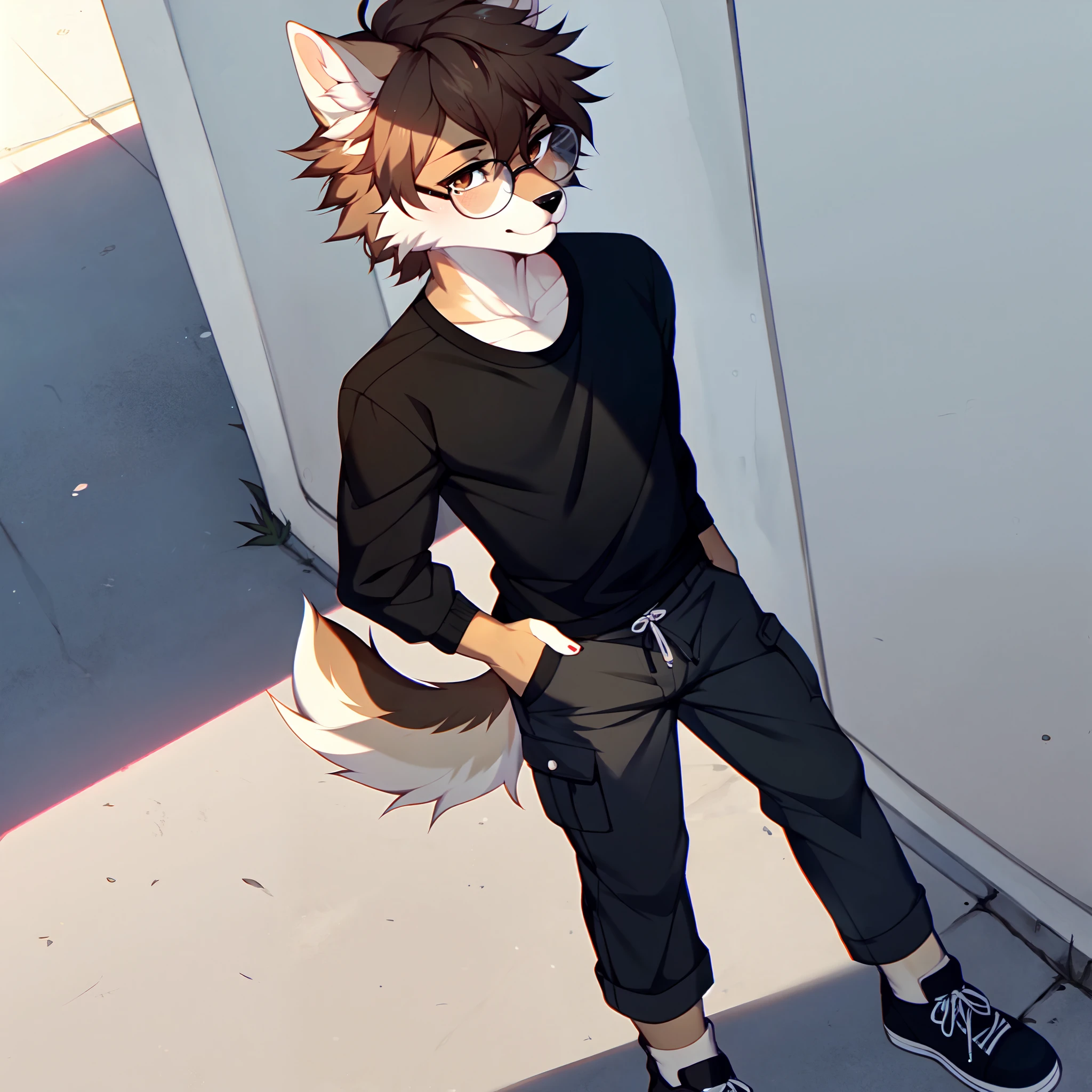 Solo:1.1, (By hyattlen, by fumiko, by claweddrip):1.3, an anthro furry tan wolf, male, all brown shaggy hair, fluffy tan ears, solid brown eyes, detailed eyes, long sleeve black shirt, white cargo shorts, black flats shoes, brow line glasses, walking down the street, all brown tail, medium build, high quality, full body shot, good anatomy