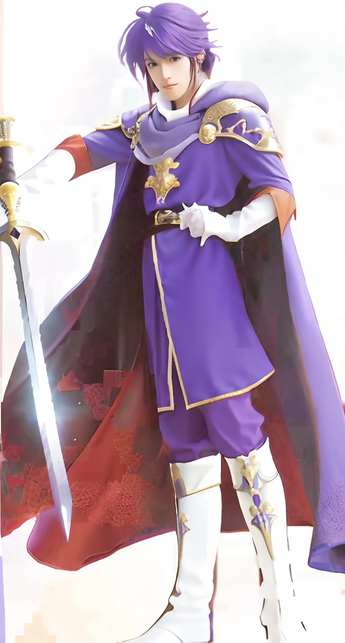 a close up of a cartoon character holding a sword, full body white purple cloak, Ike in real life, casimir art, final fantasy tactics character, Beautiful androgynous prince, 《Fire emblem》Lucina, full body purple and white cloak, full body purple cloak, inspired by Li Chevalier, furio tedesschi, shirow masamune