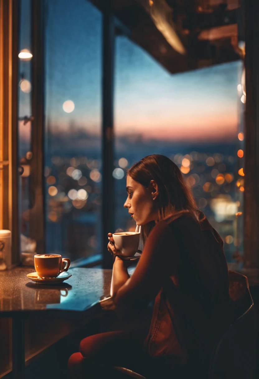 Woman drinking coffee in a café with night view of the city from the window