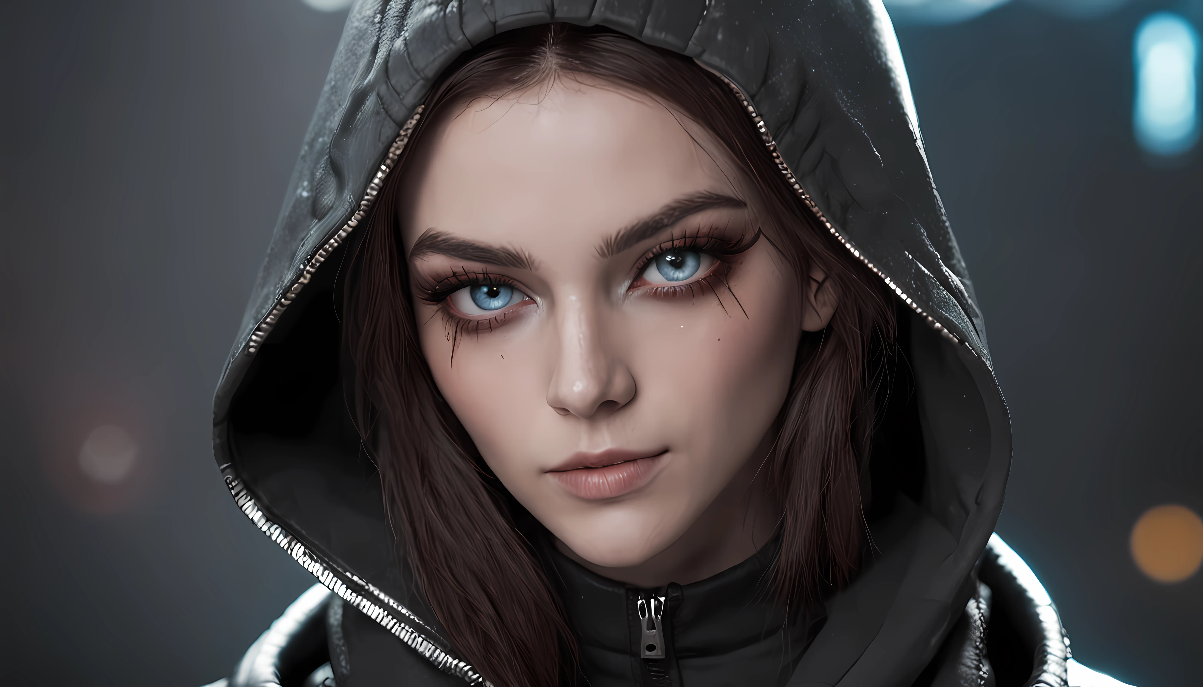 solo, a beauty woman,cyberpunk,hoodie with cyberpunk features, sparkle eyes,blue pupils, perfect eyes, in a cyber punk city parking lot,thin gap