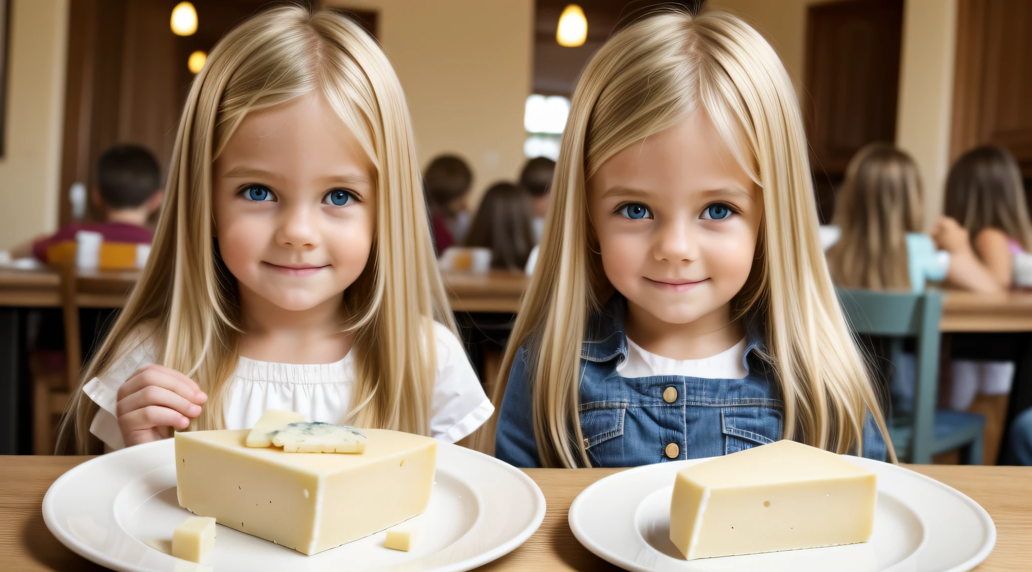 Long blonde child girl hair braids , There is a plate of food with bread, mortadela e queijo e uma bebida,