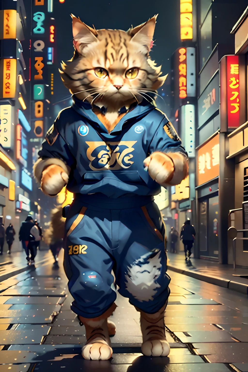 c4ttitude, black colored cat, attentive eyes, fur, challenger, agile, engaging, nylon, fast paws, walking on a street, boxer pose, (Tokyo Night Street Background 2021), Masterpiece, Best quality, Ultra-detailed,8K wallpaper, Hyper-Resolution, Unreal 5