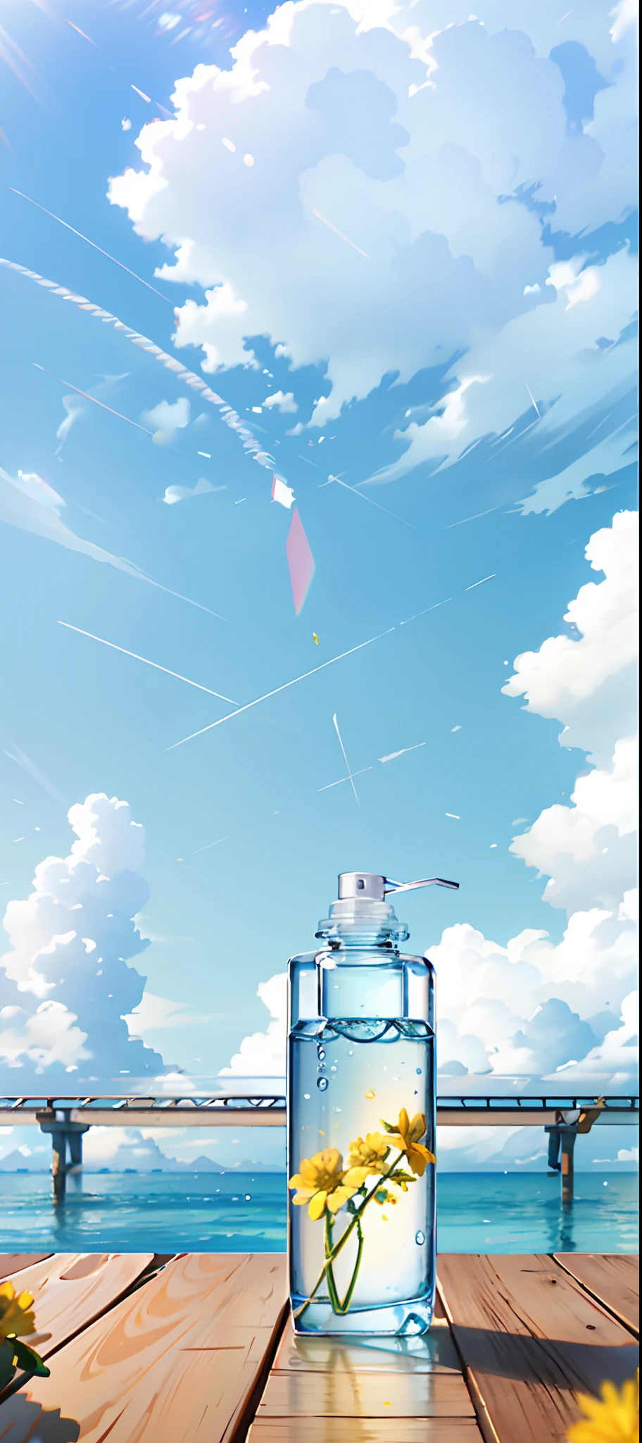 Hyper realistic scene, cosmetic bottle surrounded by yellow flowers, blue sky background, water, sunlight, low angle view, blender, product rendering, HD 8K. --v6