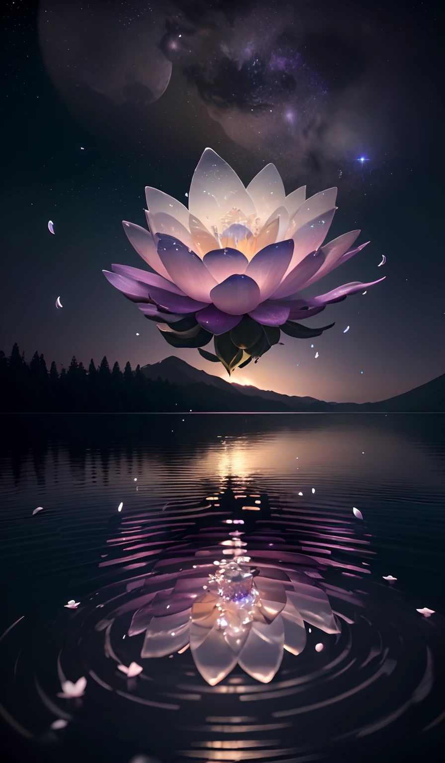 tmasterpiece, beste-Qualit, (Very detailed CG unity 8k wallpaper), (beste-Qualit), (the best illustration), (best shadows), glow sprite, (Without people:1.5), Lack of people,Night Landscape, Round Lake, It is surrounded by a forest wall of trees, (Lake, Shining with moonlight: 1.3), The sky, Full of stars, The moon hovered over the lake, (Shining threads of moonlight descend into the lake: 1.4), (A beautiful flower rises from the center of the lake:1.4 ), (Crystal flower:1.5), (Crystal petals shimmer in the moonlight:1.5), Multi-colored sparks swirl around the flower, Fantasy, Intricate, elegant, Highly detailed, Digital Painting, Artstation, Concept art, Matte, Clear Focus, illustartion. Very High Definition, Masterpiece, Amazing, Trendy ArtStation, 8K, UHd, high detail, Very high detail, Masterpiece, (particle fx) etc. D.....3d , Octane ренDеринг, ray traced, superdetail