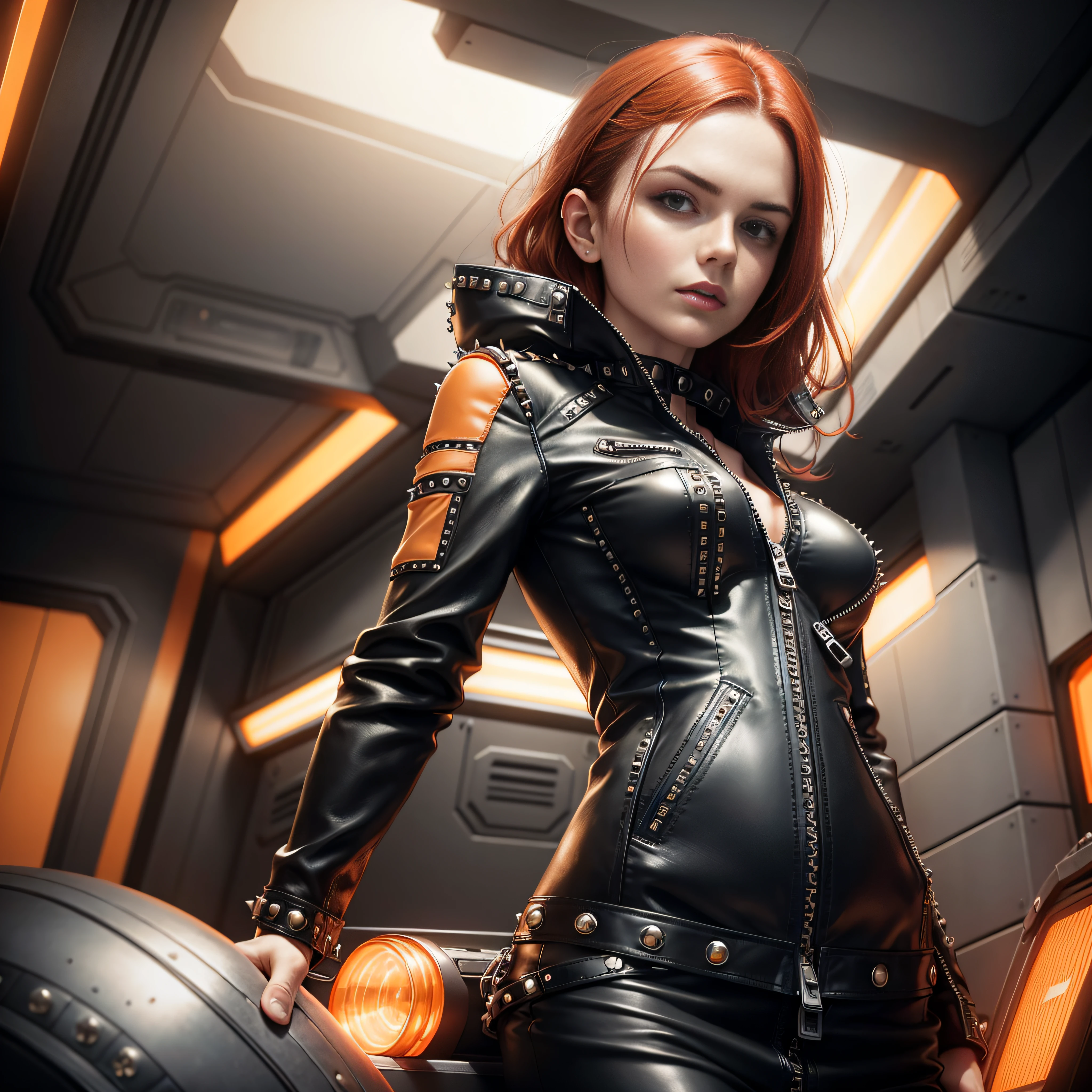 Simpatic German woman (black Leather Jacket With Rivets:1.3), a bra, red hair, pilot helmet, open zipper, (open zipper:1.1), (orange pents), (??????:1.2), (sexy:1.3), (spaceship:1.5), small command room, circle neon light, best quality,  super fine photo,  sunlight, full-body portrait, dynamic pose, delicate face, vibrant eyes, detailed face, stars background, realistic skin details, visible pores, seen from below, translucent, sensual, lascivious, submissive, dominant, (sexual:1.2), sexy, romantic, film grain, Cinematic Light, sidelighting,