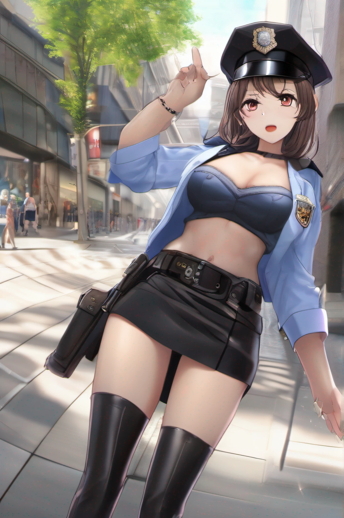NSFW,Miniskirt Police、Good Hand、4K、hight resolution、​masterpiece、top-quality、Fine skin、Clear focus、(lighting like a movie)、dynamic ungle、(详细的脸:1.2)、breastsout、naked boobs、1girl in、jewely,up looking_で_viewer、