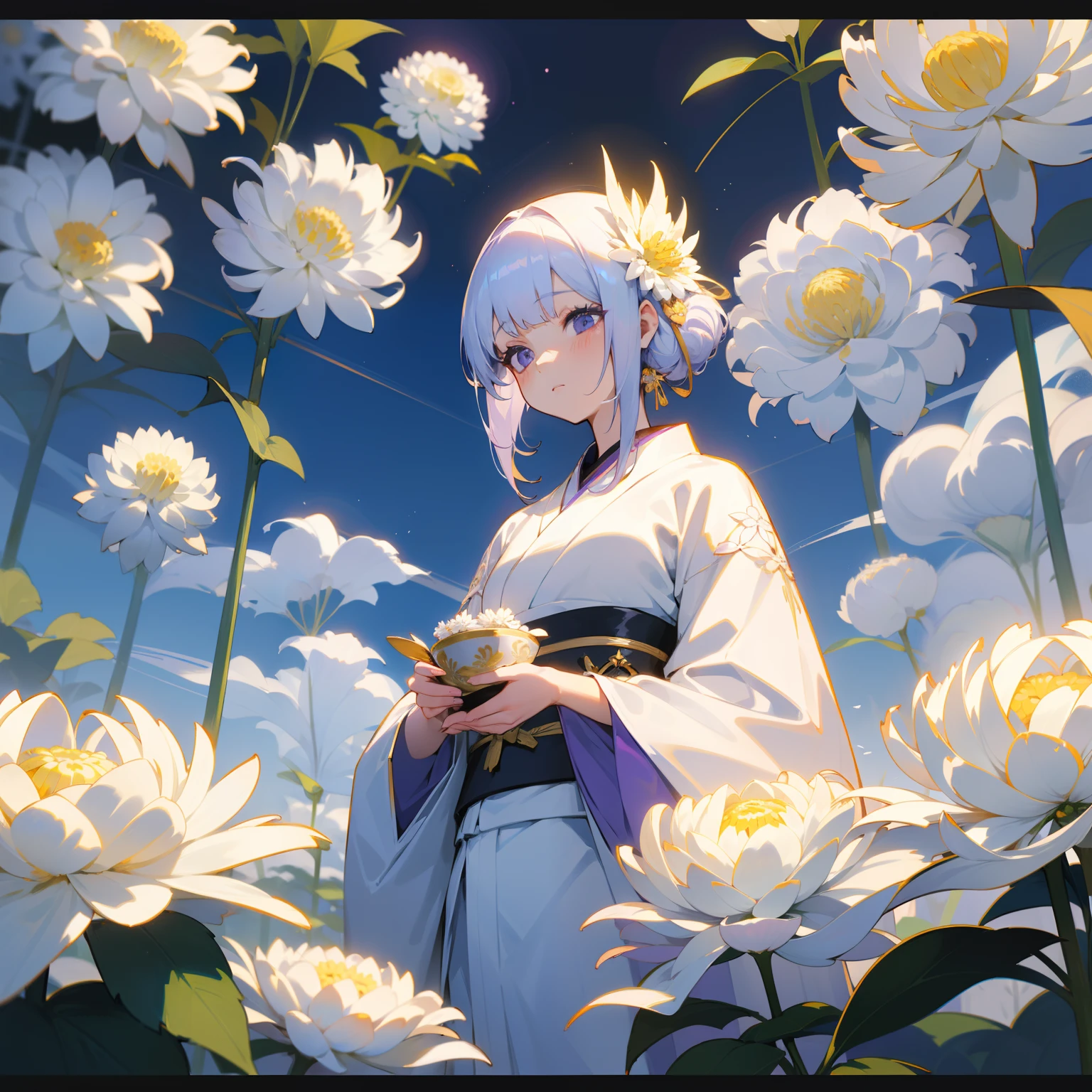 「In the world of aesthetics、One girl with bright white and gold hair、Wearing a purple and pure white kimono。Her mystical charm is、It resembles a chrysanthemum flower, Symbol of nobility and chastity.、She is that chrysanthemum flower々Stand in the midst of disheveled flowers。」