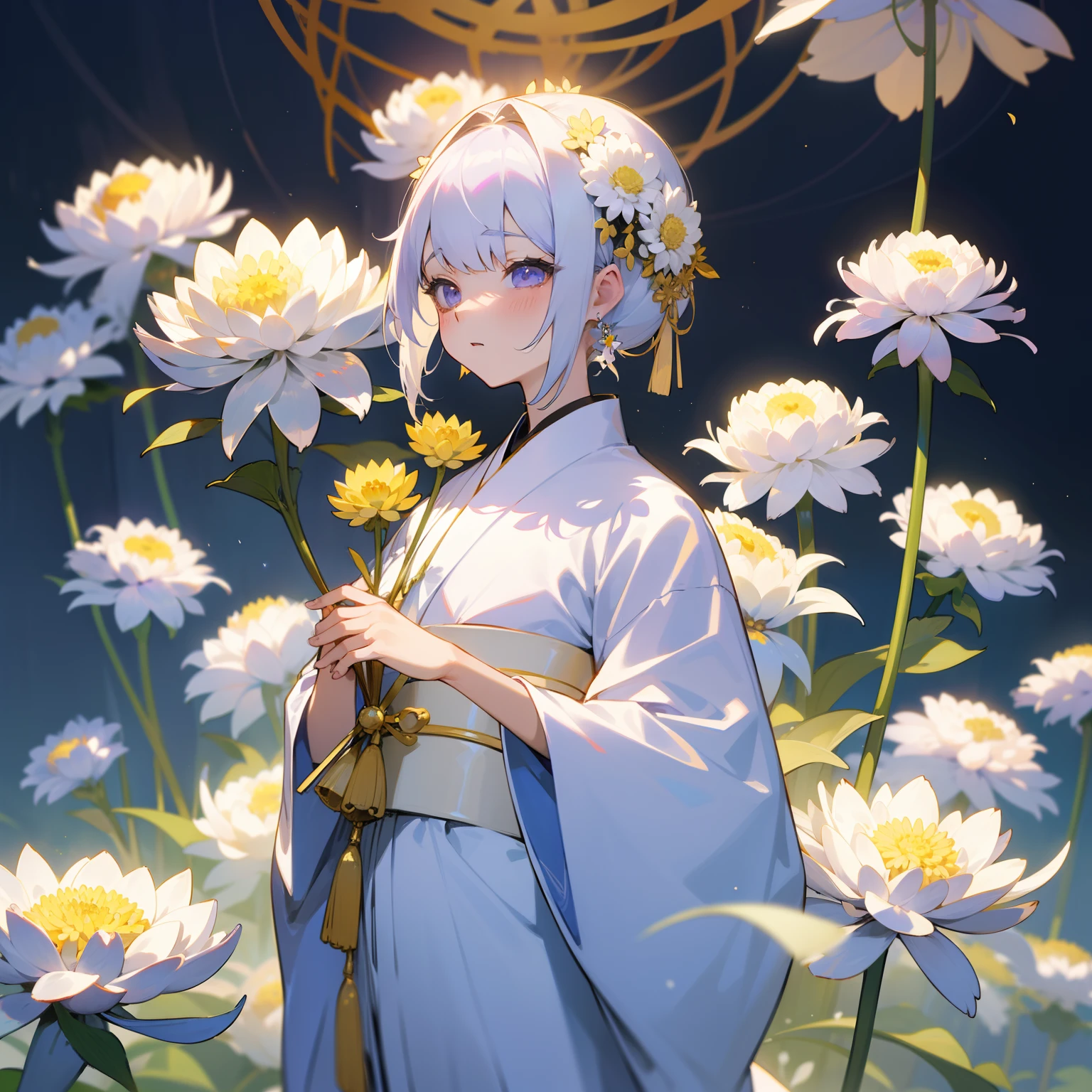 「In the world of aesthetics、One girl with bright white and gold hair、Wearing a purple and pure white kimono。Her mystical charm is、It resembles a chrysanthemum flower, Symbol of nobility and chastity.、She is that chrysanthemum flower々Stand in the midst of disheveled flowers。」