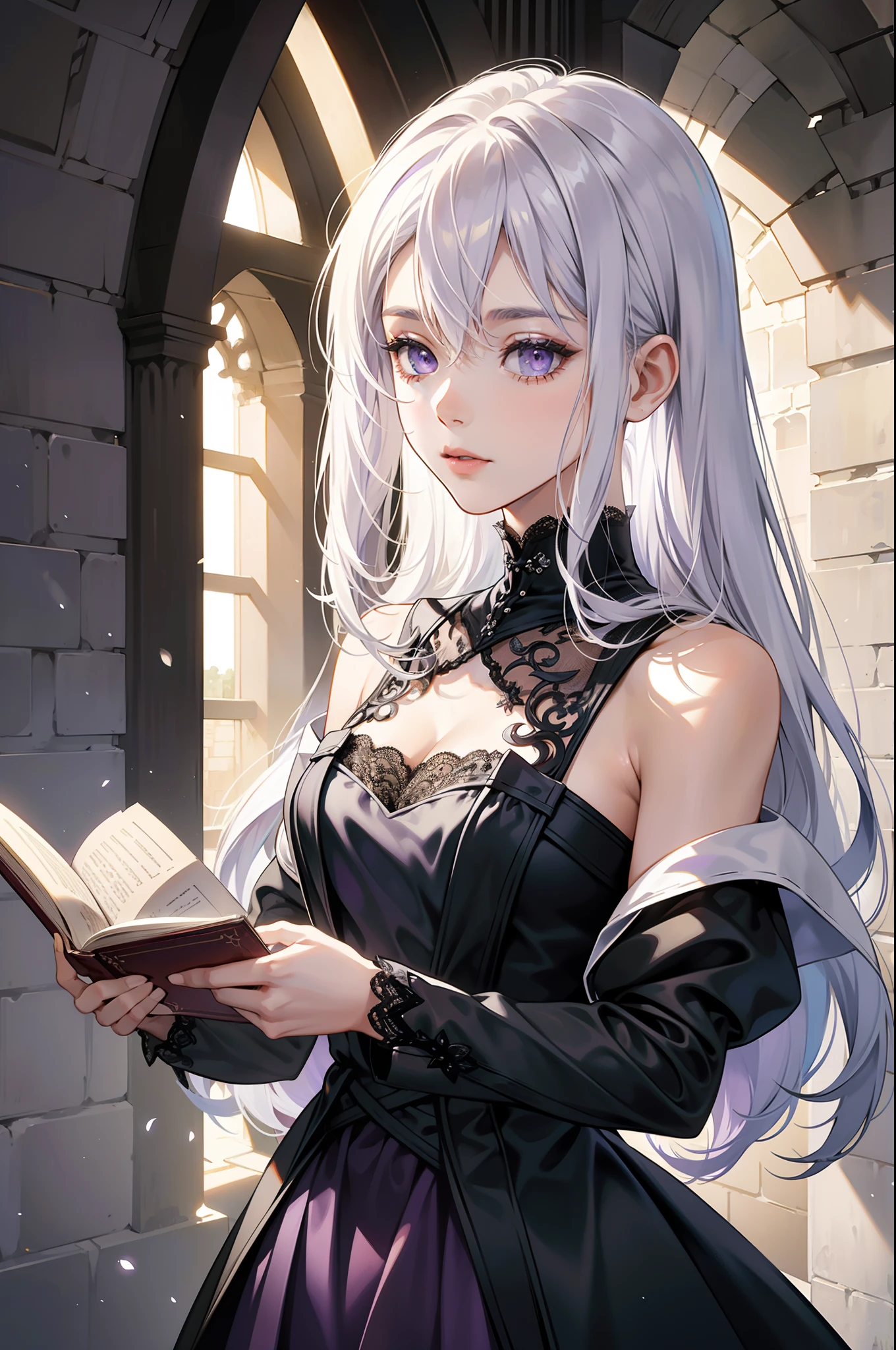 Silvery-white hair,Purple eye,Black dress,Lace,Shoulders exposed,Holding a book,Middle Ages,Castle,Contre-Jour,Cinematic texture,Light and shadow changes,Only the picture above the shoulders is exposed