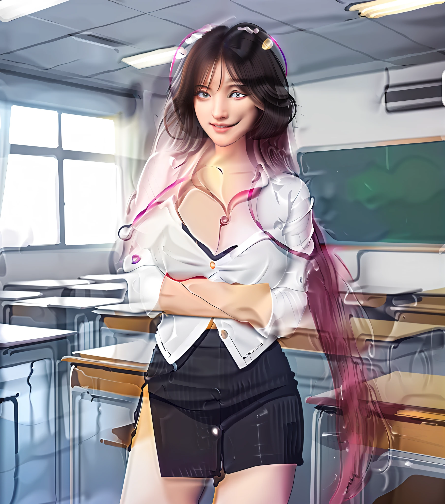 (RAW photo:1.2),(photorealistic:1.6),(masterpiece:1.3),(best quality:1.4), HI-RES, HDR,8k resolution, check commentary, (intricate details:1.6), (volumetric light),
1girl, full body, office lady, standing pose, classroom, (see-through white school shirt with buttons:1.6), (unbuttoned shirt:1.6), (revealing breasts:1.6), ( plaid skirt: 1.6), (navel: 1.6),(high heels:1.2),(e-cups: 1. 6),
(beautiful face:1.9), (detailed face:1.6), (detailed eyes:1.5), (eyelashes:1.4), (smiling:1.6), (detailed black bob hair:1.3), (large breast:1.2), big titss, pink hair
