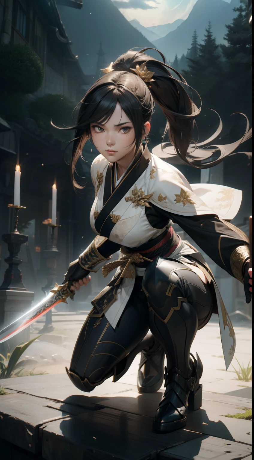 ((top-quality)), ((​masterpiece)), detailed skin textures、Detailed Cloth Texture、beautifull detailed face、intricate-detail、ultra-detailliert、CGSetsoty Trends、beautiful character painting、epic exquisite character art、Stunning character art、Slim body、Full body、small tits、silber hair、Long ponytail、Gentle expression、front-facing view、Dual-wielding female swordsman illuminated by the moonlight of a dark night、combat pose、Sword-wielding female swordsman、Kimono with white floral pattern、Hakama with black gold decoration 3D, HDR(HighDynamicRange),Ray traching,sub-surface Scattering,PBR Texturing,Postprocess,Anisotropy Filtering,multi-layer texture,Albedo and specular maps,perfectly proportions,Octane Rendering,Two-tone lighting,8K RAW、defined legs、Defined arm、defined fingers