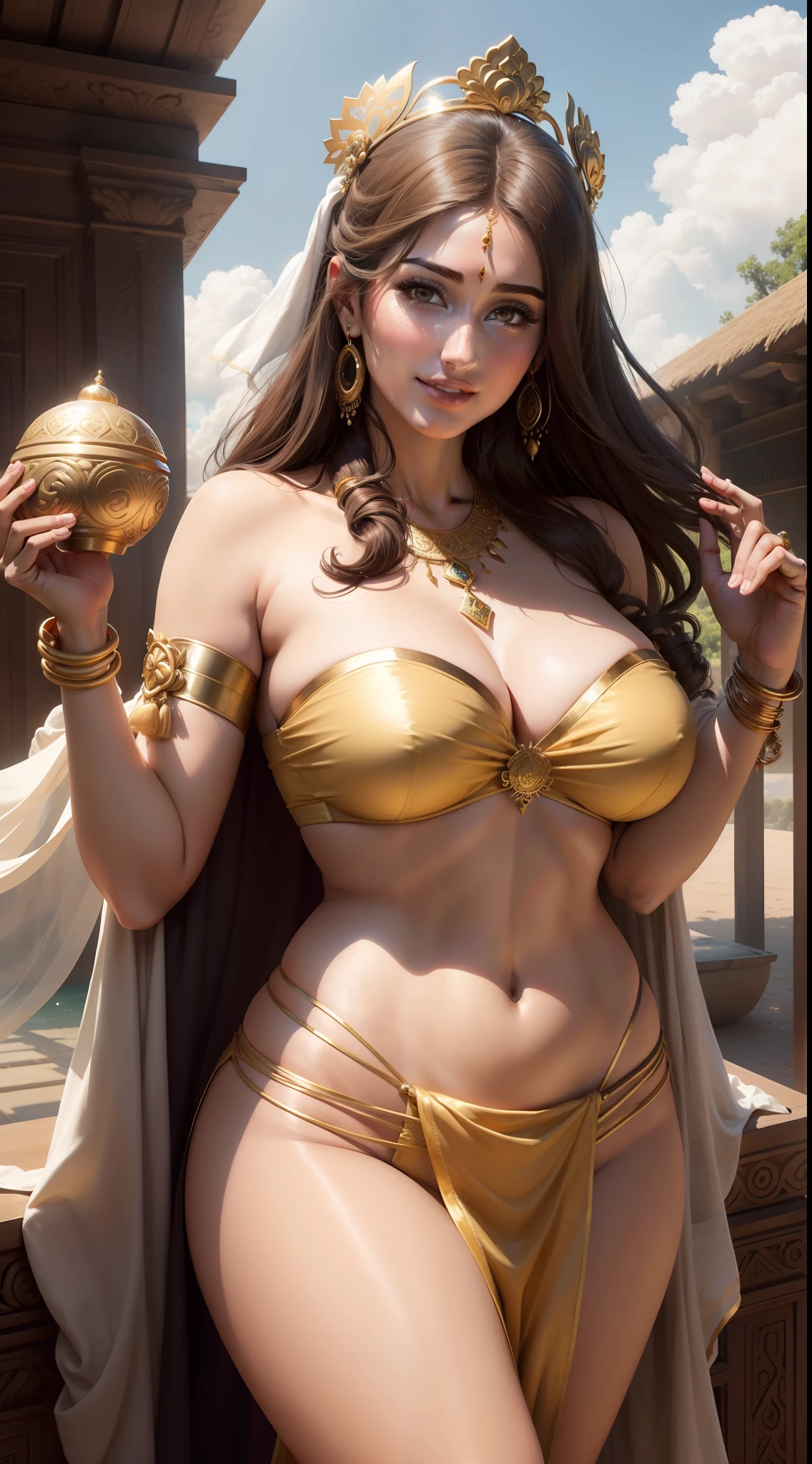 A youthful beautiful woman, lucy pinder as a goddess, fair skinned, four arms, wearing a silk strapless bra and a dhoti, gold ornaments, silk scarf, lotus in hand, standing in the clouds, smiling, closeup, upper body, photorealistic