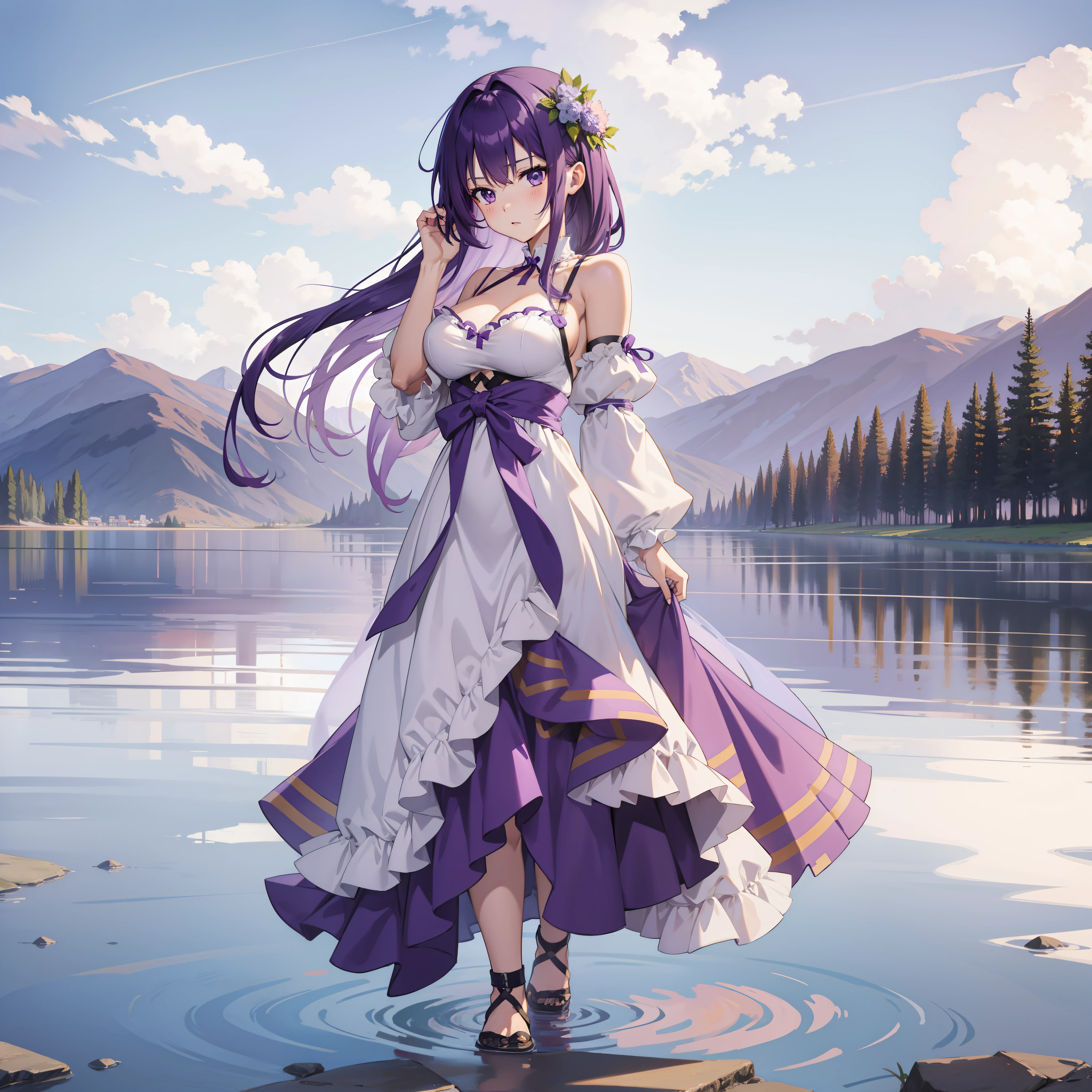 Anime girl, purple hair, next to a lake, sexy, skinny, large breasts,