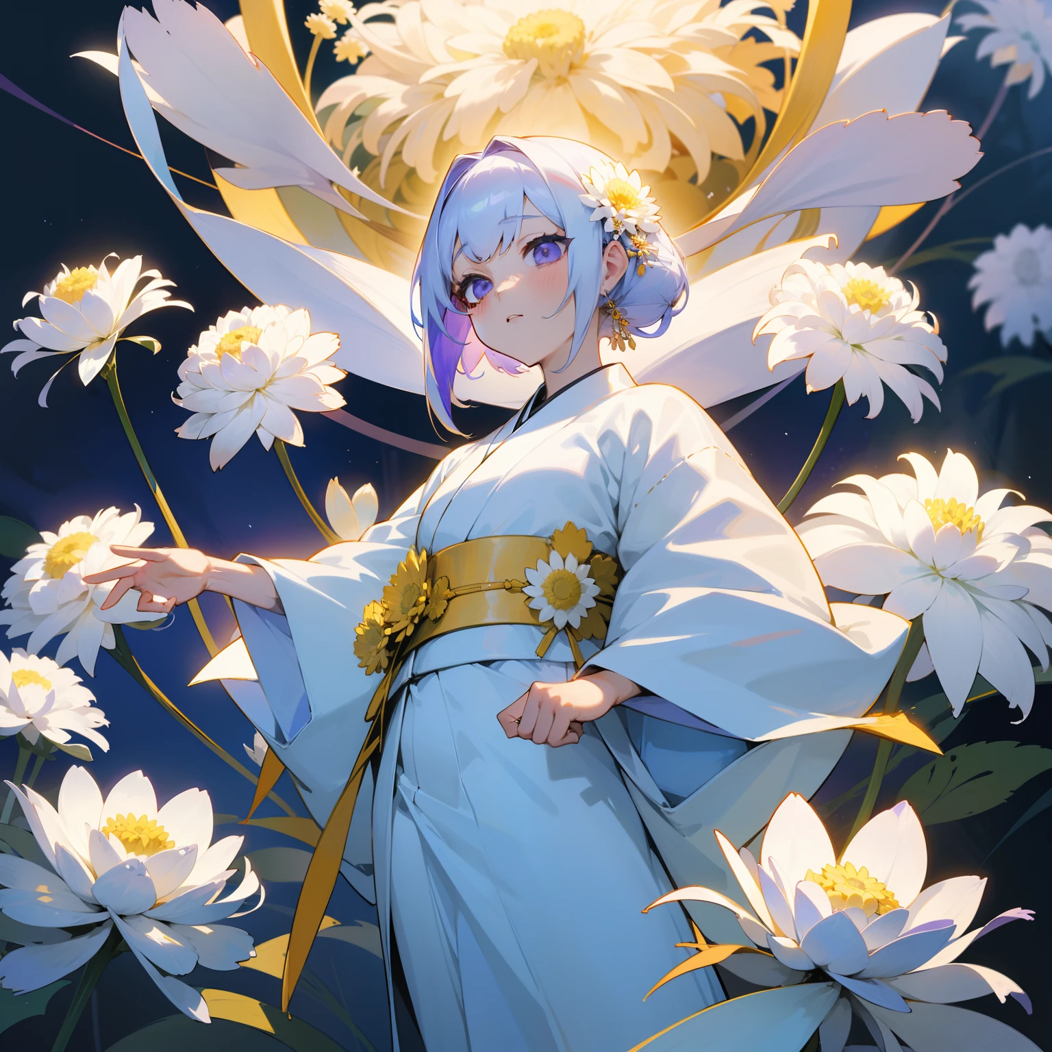 「In the world of aesthetics、One girl with bright white and gold hair、Wearing a purple and pure white kimono。Her mystical charm is、It resembles a chrysanthemum flower, Symbol of nobility and chastity.、She is that chrysanthemum flower々Stand in the midst of disheveled flowers。」