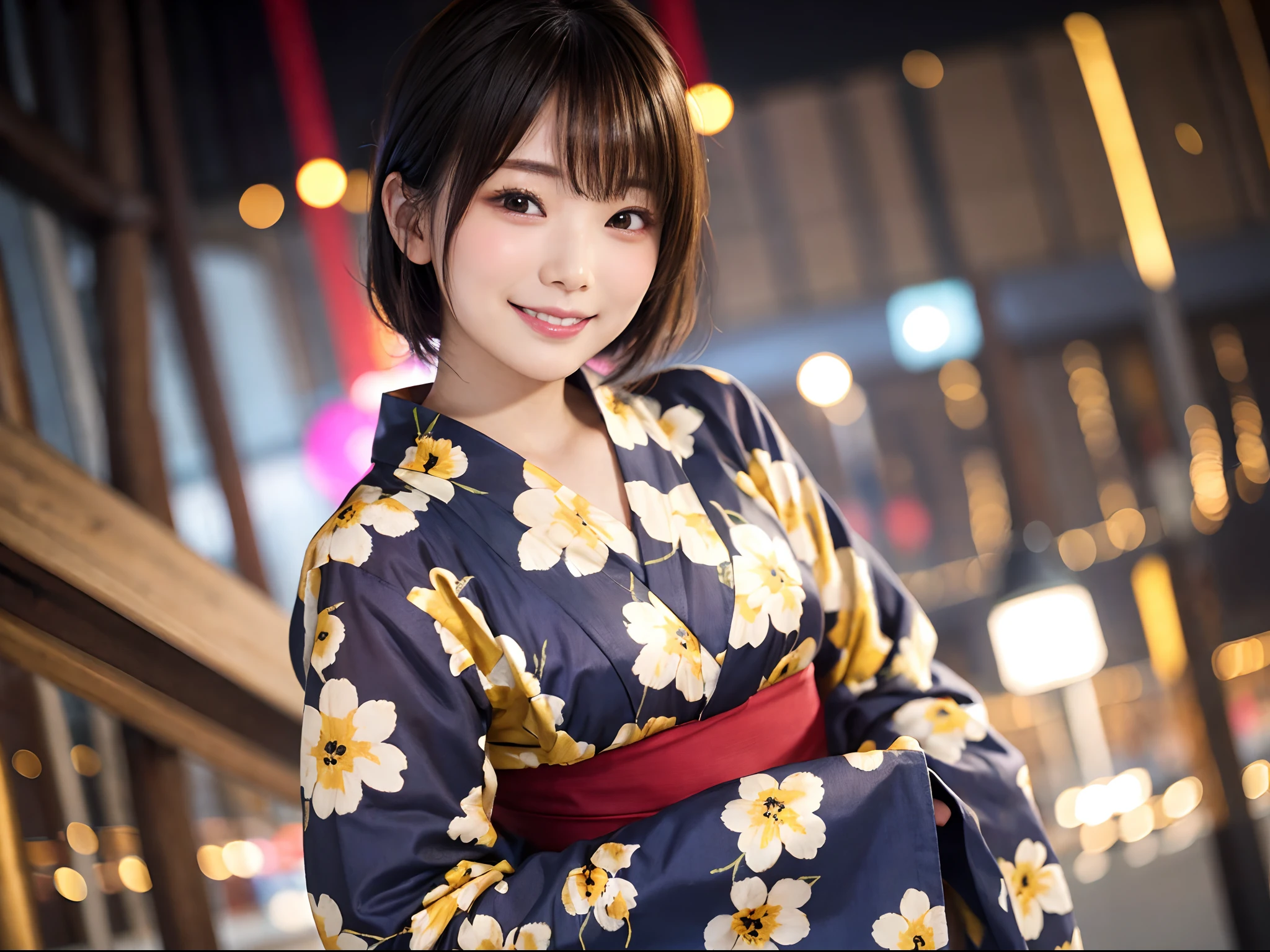 Wide shot of beautiful woman in yukata on mysterious fireworks display background: 1.5, Unity 8K , highly accurate: 1.1。As a stylish snapshot、Beautiful woman smiling、Beautuful Women: 1.3、wide Shots: 1.2、Fireworks Display: 1.1、hposing Gravure Idol、Photograph the whole body、Japan girl in yukata、looking at the viewers、Pose with a smile(top-quality、masterpiece)))、hight resolution、ighly detailed、masterpiece、电影灯光、(8K、top-quality、masterpiece:1.2)、(realisitic、Photorealsitic:1.37) Hi-Res、The ultra-detailliert、1girl in 、asian human, cute little, cute face, 独奏, Short hair 1.2, Textured skin, beautiful smiling face, Beautiful detailed sky, 电影灯光, depth of fields, Lens flare light、Dating、(blush nose)、(A smile:1.15)、(Mouth closed)tiny chest、beautiful finely detailed eyes、Floating hair Nova frog style