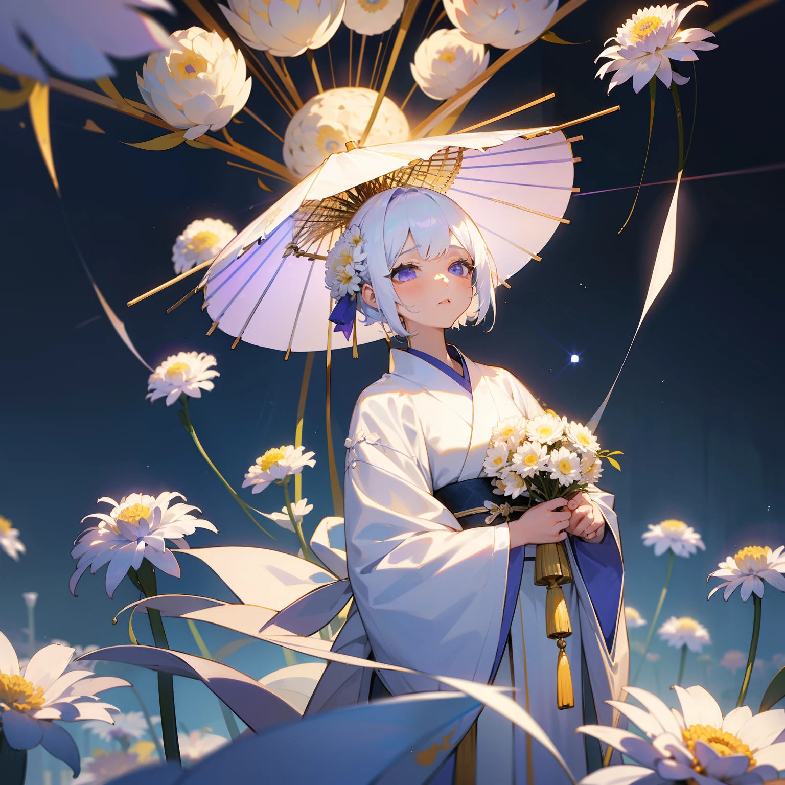 「In the world of aesthetics、One girl with bright white and gold hair、Wearing a purple and pure white kimono。Her mystical charm is、It resembles a chrysanthemum flower, Symbol of nobility and chastity.、She is that chrysanthemum flower々Stand in the midst of disheveled flowers。」