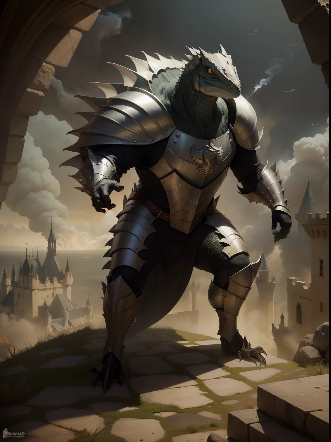 armadura dourada, Lagarto, escudo, castelo, veneno, smoke billowing
