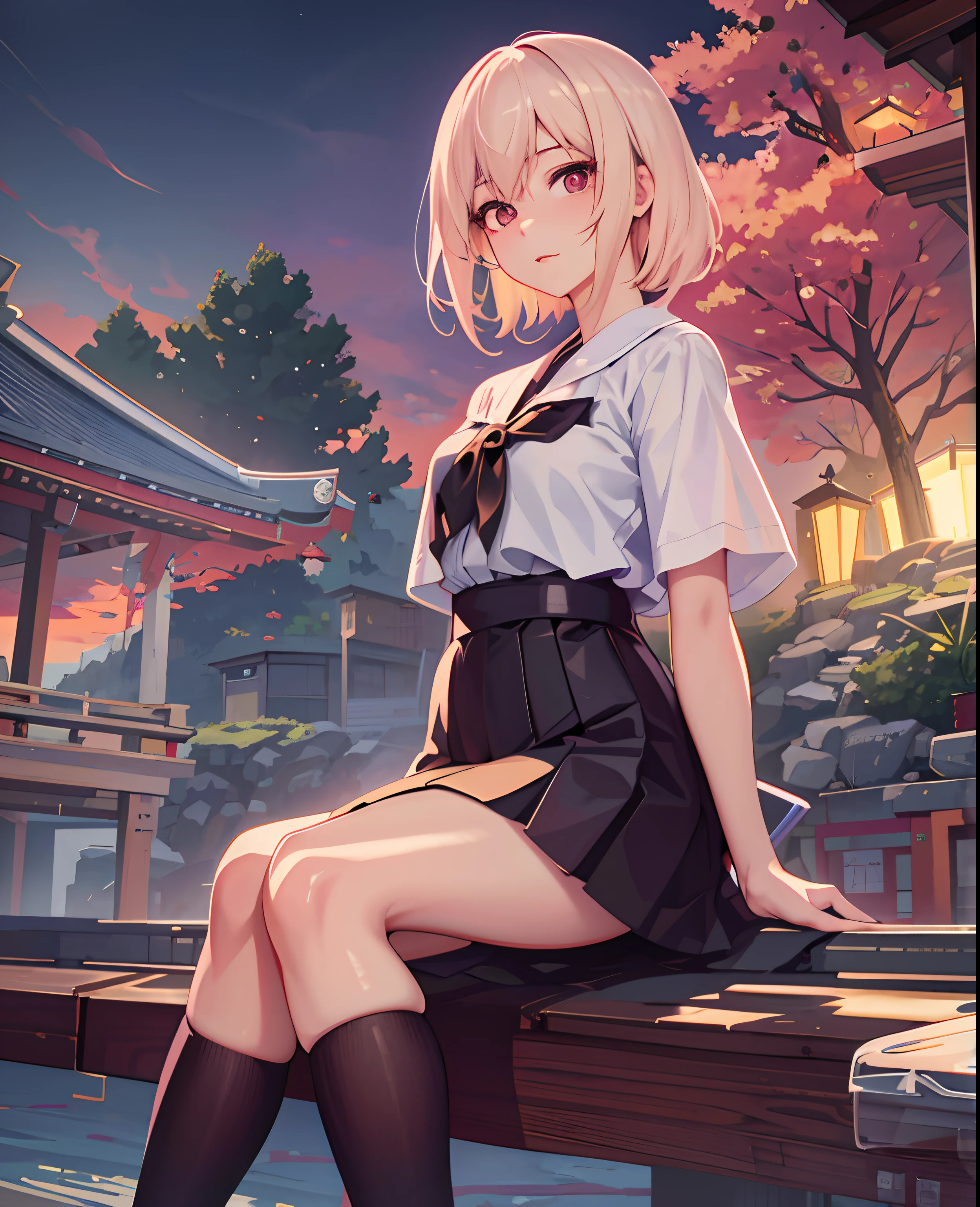 Anime girl sitting on the pier in front of the pagoda, Smooth anime CG art, Guviz-style artwork, Surrealism female students, Realistic anime 3 D style, style of anime4 K, Guviz, Guweiz in Pixiv ArtStation, up of young anime girl, Guweiz on ArtStation Pixiv, Beautiful Anime High School Girls,With a Mosin-Nagant rifle,C cup