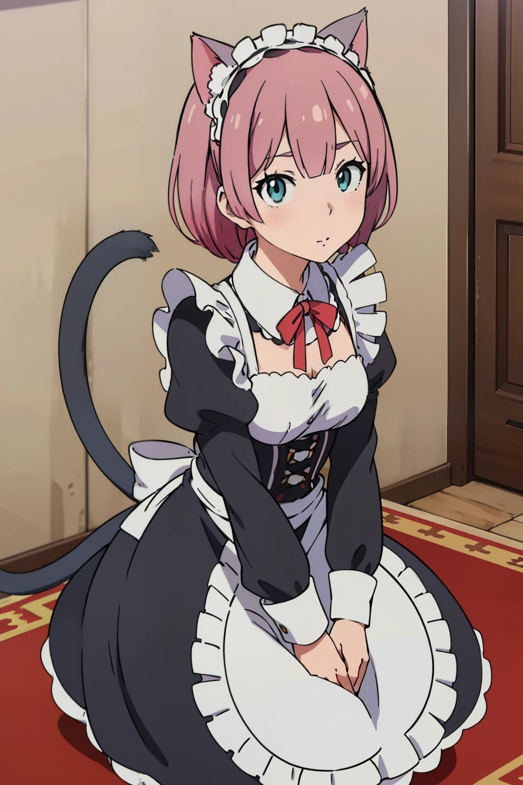 Close-up of an anime character with a cat costume, Reem Rizero in cat costume, seductive anime girl, anime cat girl in a maid costume, Very beautiful anime cat girl, Cute cat girl, Gentle optical bias, Beautiful anime cat girl, Cute anime cat girl, Anime Cat Girl, cute anime girl pictures, black long hair