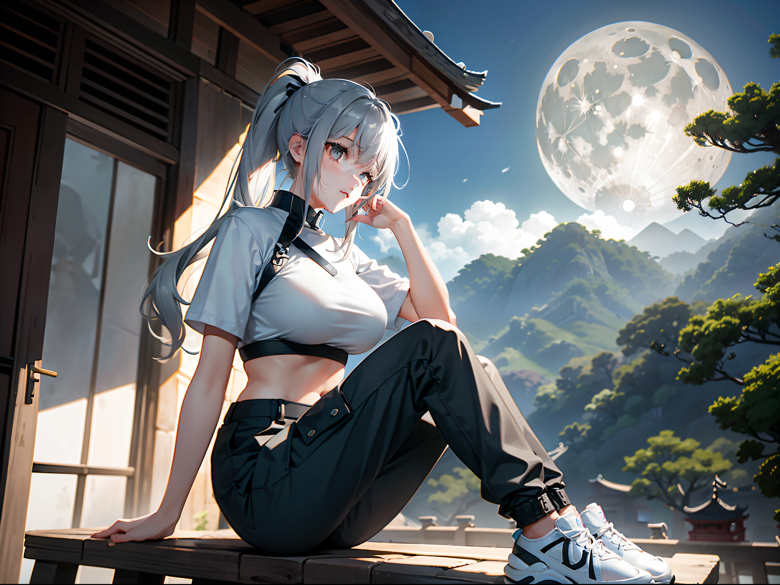 teens girl，Gray hair，high ponytails，White bandeau，huge tit，Black cargo trousers，White shoes，exteriors，Sit on the roof of ancient China，Bamboo forest in the distance，swordsmen，themoon，（nigth），（the night），（Night），Sadgy