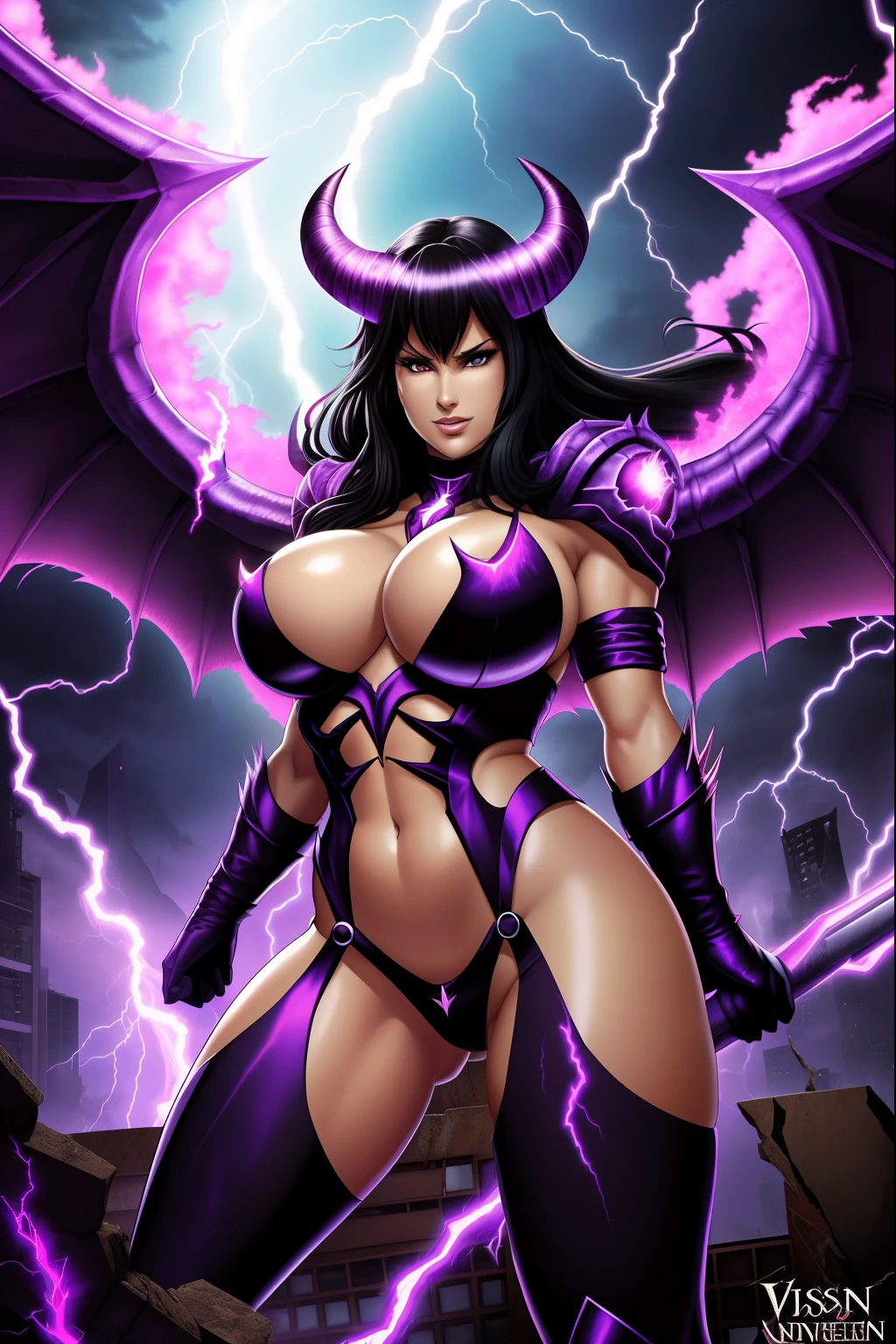 Lisa Ann as a hyper-giant, Hyper-powerful demon with a demon horn on its head and demon wings, and throws purple lightning bolts at a building, ville en ruine post apocalyptique,