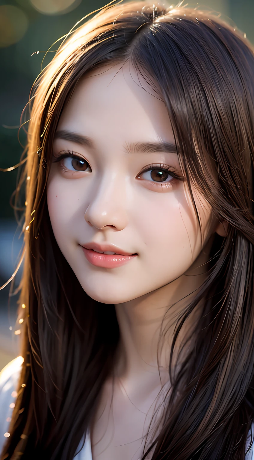 close-up, masterpiece, best quality, raw photo, photorealism, smile, beautiful girl, cute, long hair, depth of field, high resolution, ultra detail, detail, highly detailed eyes and face, sharp pupils, realistic pupils, sharp focus, cinematic lighting