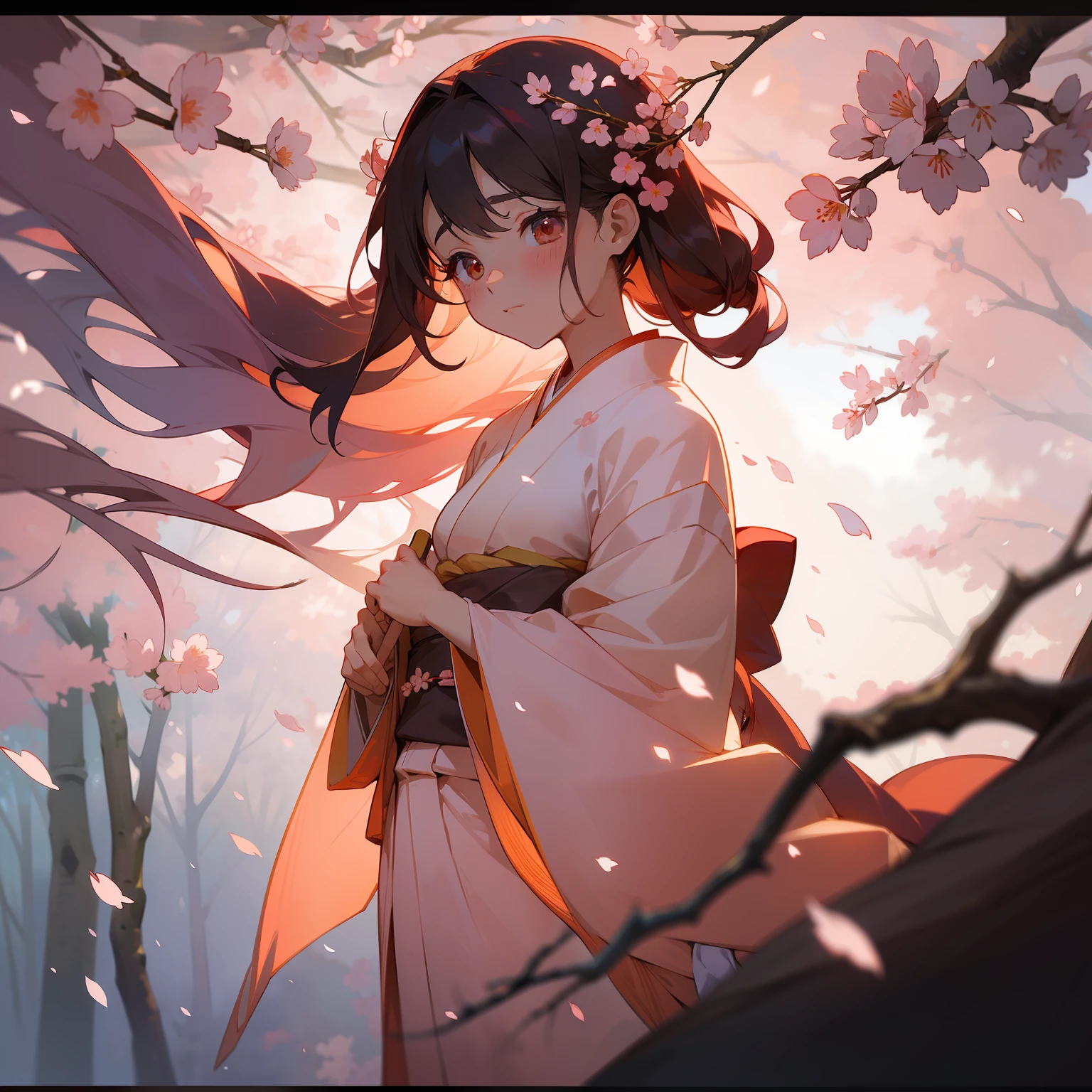 In the ethereal glow of twilight, In the forest with cherry blossom petals fluttering gracefully, The goddess of Sakura stood alone. Her hair is a beautiful shade of black and peach. Dressed in a peach and white kimono, There was unmistakable sadness in her expression.