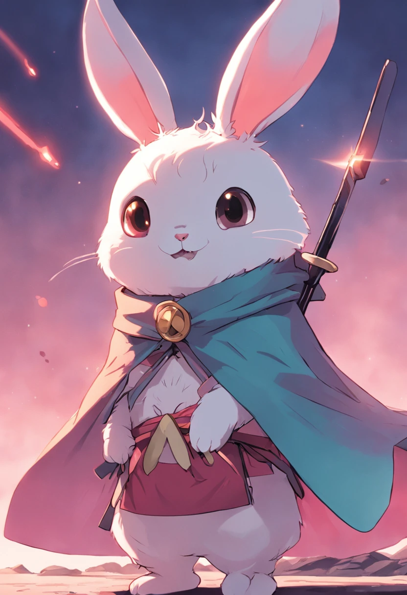 There is a cartoon rabbit wearing a cape and a scarf, anthropomorphic bunny, Rabbt_character, cute anthropomorphic bunny, coelho guerreiro, coelho com capacete e espada, coelho, ElectrixBunny, coelho branco, o coelho tem pelo rosa, O coelho branco, coelho_coelhinho, capa brilhando ao vento, rabbit robot