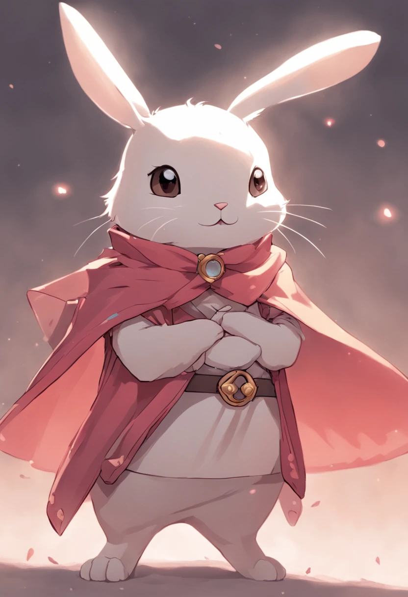 There is a cartoon rabbit wearing a cape and a scarf, anthropomorphic bunny, Rabbt_character, cute anthropomorphic bunny, coelho guerreiro, coelho com capacete e espada, coelho, ElectrixBunny, coelho branco, o coelho tem pelo rosa, O coelho branco, coelho_coelhinho, capa brilhando ao vento, rabbit robot