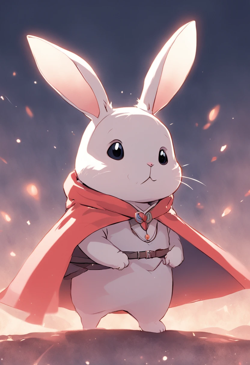 There is a cartoon rabbit wearing a cape and a scarf, anthropomorphic bunny, Rabbt_character, cute anthropomorphic bunny, coelho guerreiro, coelho com capacete e espada, coelho, ElectrixBunny, coelho branco, o coelho tem pelo rosa, O coelho branco, coelho_coelhinho, capa brilhando ao vento, rabbit robot