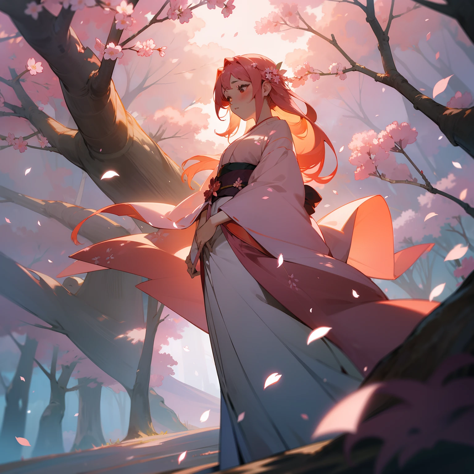 In the ethereal glow of twilight, In the forest with cherry blossom petals fluttering gracefully, The goddess of Sakura stood alone. Her hair is a beautiful shade of black and peach. Dressed in a peach and white kimono, There was unmistakable sadness in her expression.