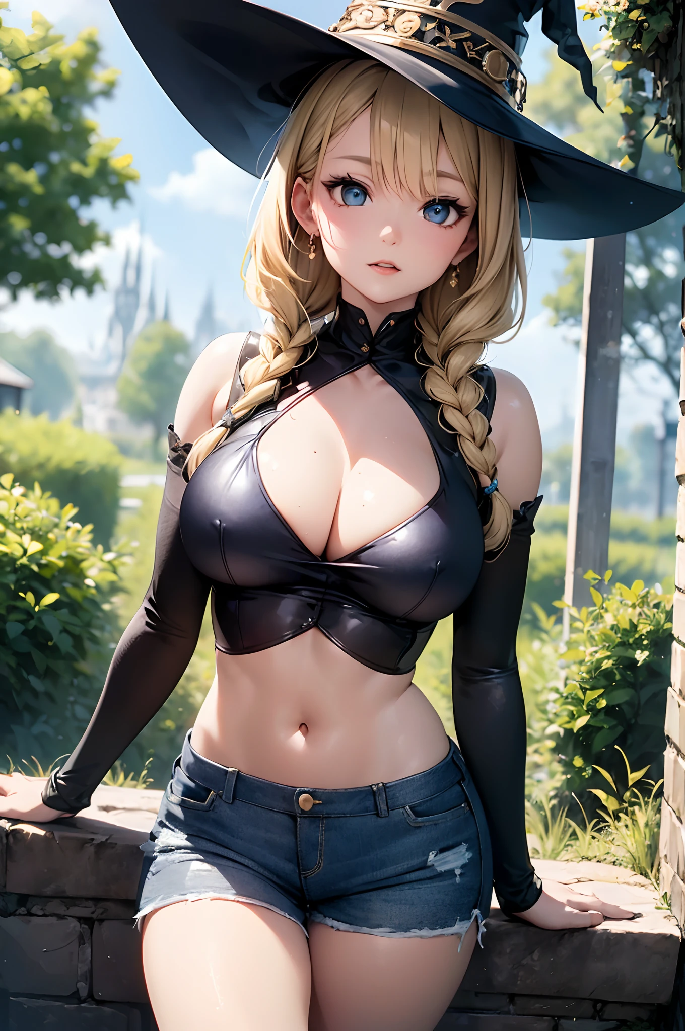 Big breasts, (best quality)), ((masterpiece)), (detailed), ((beautiful witch woman, solo, ethereal beauty)), fantasy illustration: 1.5), charming look, supernatural charm, mystical sky ( (blonde braided hair)) ((straight hair)) perfect eyes, has an extremely sexy body, with big breasts and thin waist, and an extremely sexy body, top blouse, short blue leather shorts has a bold look flower details on clothes . young, quality, realistic, best quality, cute expression, tree trunk, rocks, natural light, magic environment, dark sky, forest