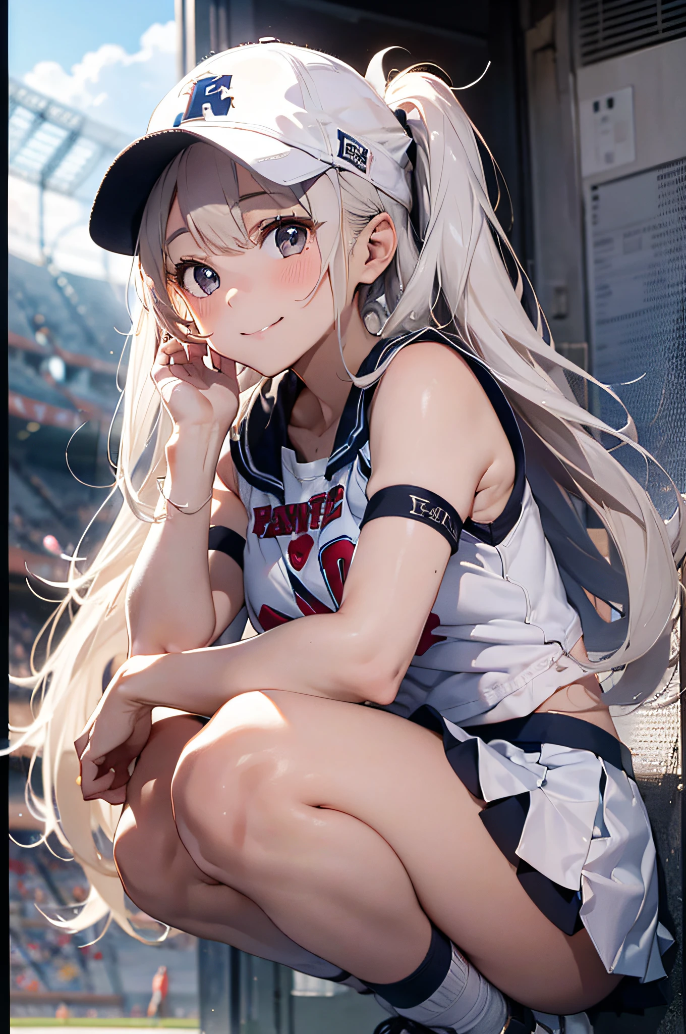 （cheerleaders:1.3）、(stadio:1.5)、(tiny chest:1.4)、Raw photography, top-quality, hight resolution, (​masterpiece), (Photorealsitic:1.4), Anime Cosplay, foco nítido, nffsw, 8K分辨率, intricate detailes, depth of fields, the Extremely Detailed CG Unity 8K Wallpapers, front lit, girl with, Smile、(A slender:1.5)、Wear a baseball cap on your head、see -through、Cheerleading pom-poms in hand、（Turn your buttocks:1.2）、Squatting、I can see my panties、Wearing a miniskirt with a sleeveless shirt、