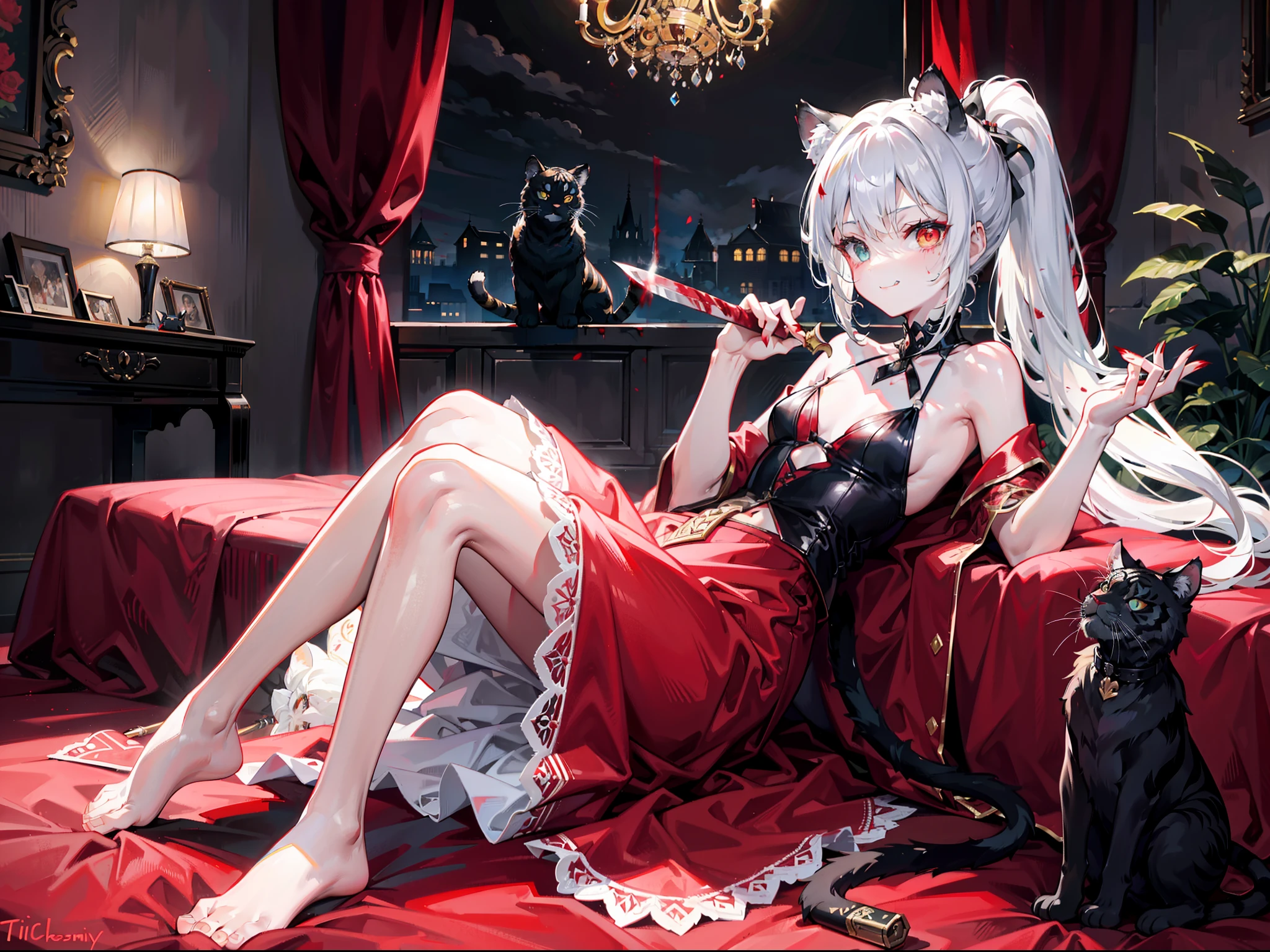 Beautiful girl with white hair，curlies，High ponytail，cat ear，Beast Girl，He was dressed in bloodstained clothes, Red and black Lolita long dress，A knife hidden in clothes，open waist，White stockings stained with blood，without wearing shoes，assassins，Sunny smile，Wine on the side，Bodies are everywhere，dark stormy clouds，the night，dimly lit，抖S，Full body photo，assassins，The legs are very thin，Best quality at best，High- sharpness，tmasterpiece，Holding a blood-stained short knife，His body was covered in blood，Sick，Heterochromic pupils，morbid，murderer，Heterochromic pupils，being thin，Be covered in blood，Bodies are strewn across the field，blood vess，Cat demon，Extremely long and very large cat tail，Leprechaun，Cat woman，seductiv，The complexion is flushed，Tilting head movements，Lie on your side in a European medieval noble castle full of black cats，Medieval theme，Sharp cat's claws，Stick out your tongue，Tiger Tooth，Tiger Tooth，Tiger Tooth，Tiger Tooth，With a petite figure，Holding a black cat in his hand，The background is night，Poor milk，Small chest，Extremely thin