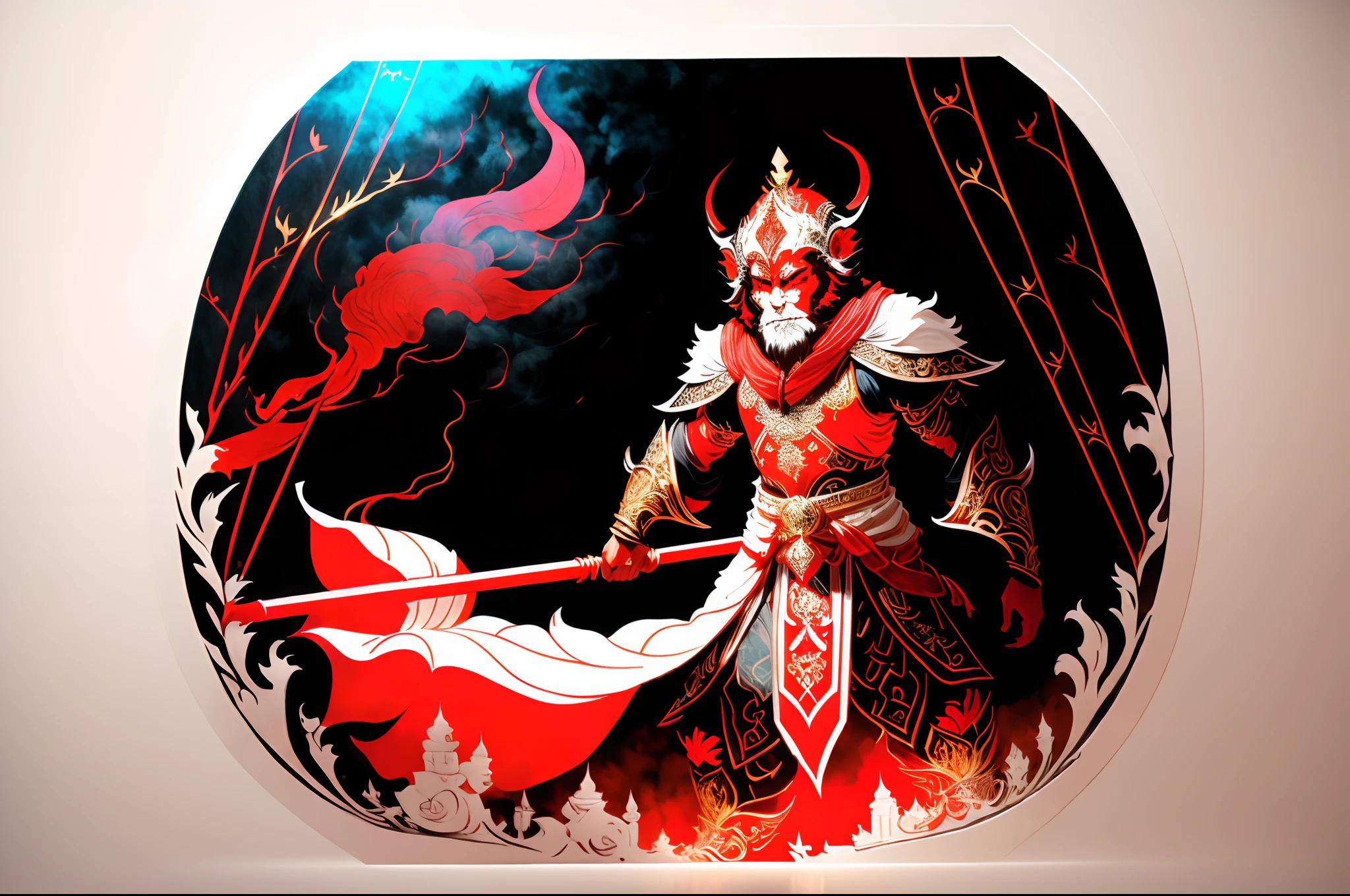 new medievalism, (full body shot:1.5), ((god of Wukong:1.3)), tradition, (pure white face:1.3), dark brown hair and fur and beard, (legend_chinese_red_armor with translucent white shawl:1.4), (holding a red power pole:1.3), (glowing smoke golden with reddish eye-shadow is slant up:1.34, (acrobatic pose:0.9), above the cream gold clouds background, fountain pen and marker drawing, black light painting, airbrush coloring, super fine detailed illustration, (intricately detailed and texture:1.26), very bold colors, rich colors, lucid, fierce and brave and sharp atmosphere, 16K, absurd resolution, high contrast, cinematic angle, glow, intricate surface detail, foreboding colors, ultra quality, epic high quality, insanely beautiful illustration, (concept mythology art:1.32),