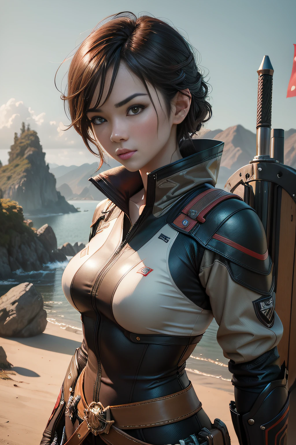 Bullish young beautiful Japan woman with short brown hair, large full breasts glareing sneering deviantart artstation cgscosiety, 3 d render character art 8 k, alena aenami and artgerm, wojtek fus, trending on artstation 4k, trending on artstation hd, adventure hyper realistic render, realistic shaded perfect body, Photorealistic perfect body, The ultra -The high-definition