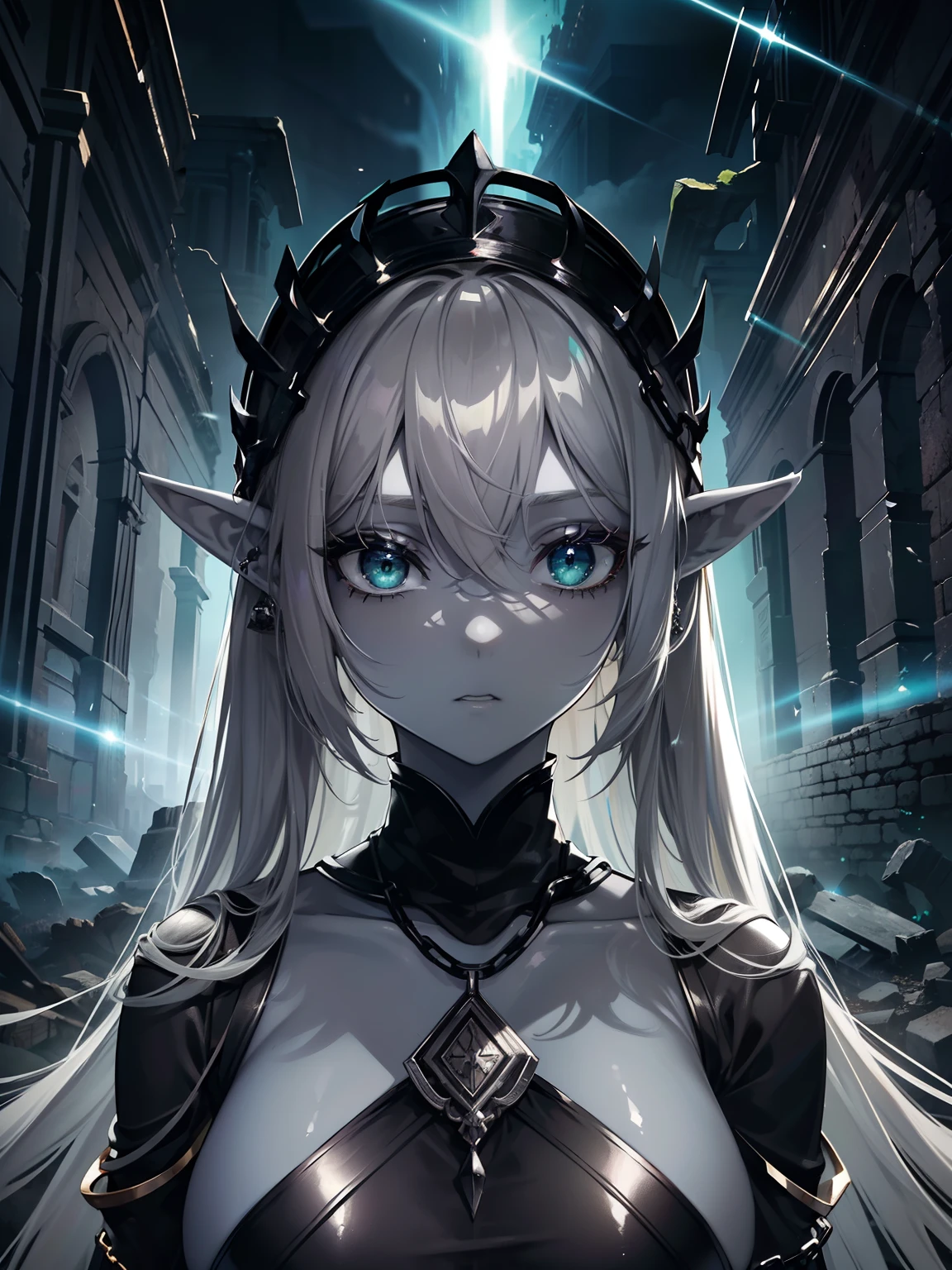 (Masterpiece, Best Quality, Ultra High Resolution),1girl,((colored skin, gray skin)),slanted eyes,green eyes, beautiful and detailed face, detailed eyes,black hair,elf ears,bright eyes, in an ancient ruin, black chains